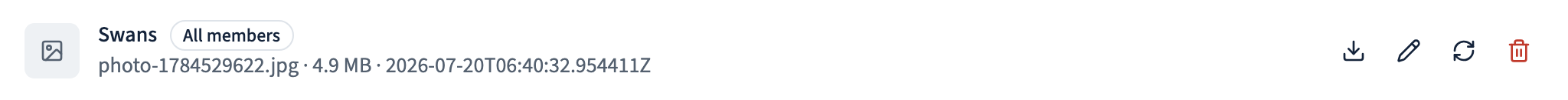 A document row with edit, replace-file, and delete icon buttons.