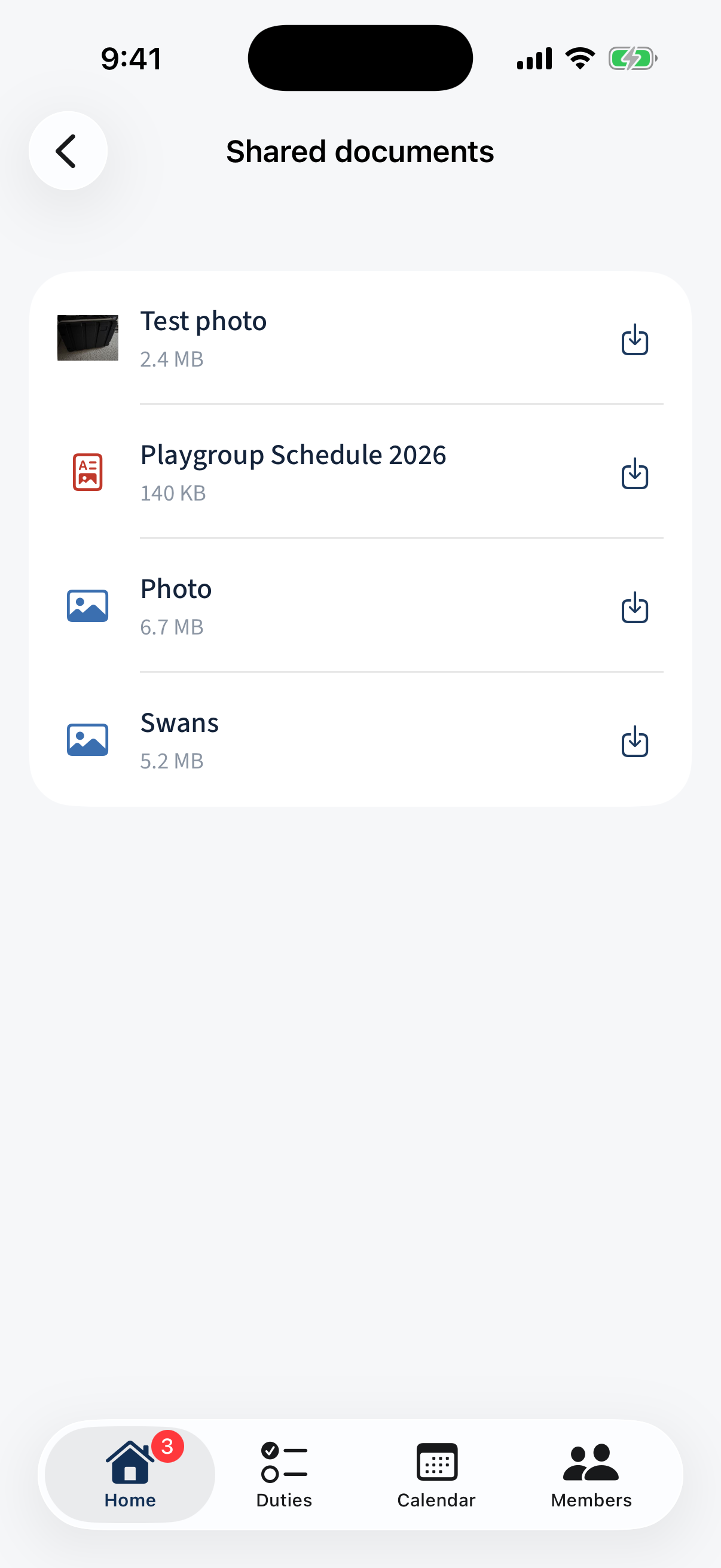 The Shared documents list: each file with a type icon, size, and Download.