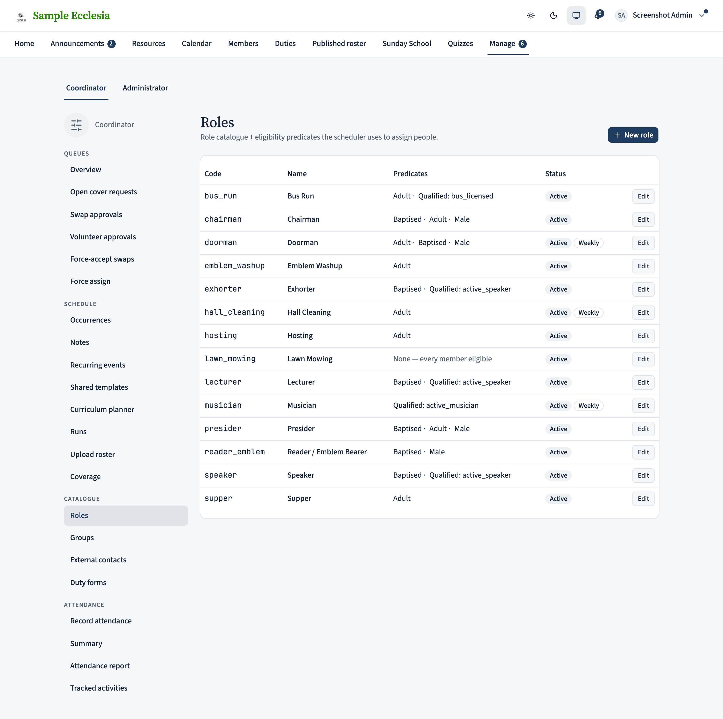 The Roles page showing a table of existing roles with columns Code, Name, Predicates, Status, and Actions. Each row has an Edit button; the header has a New role button on the right.