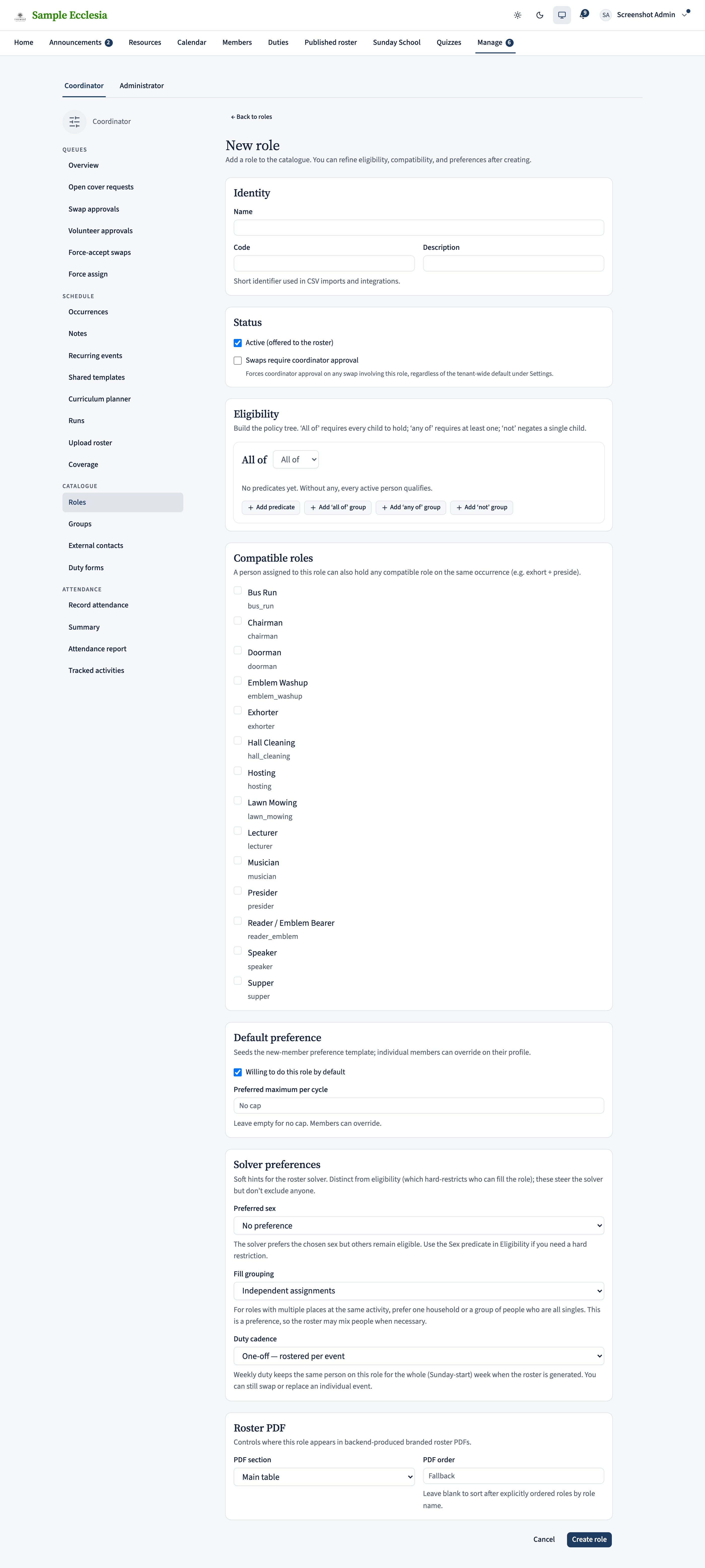 The new-role form Identity card: a Name input filled with 'Presider' and a Description textarea. Further down, a Default preference card with a 'Willing to do this role by default' checkbox and a 'Preferred maximum per cycle' number input.