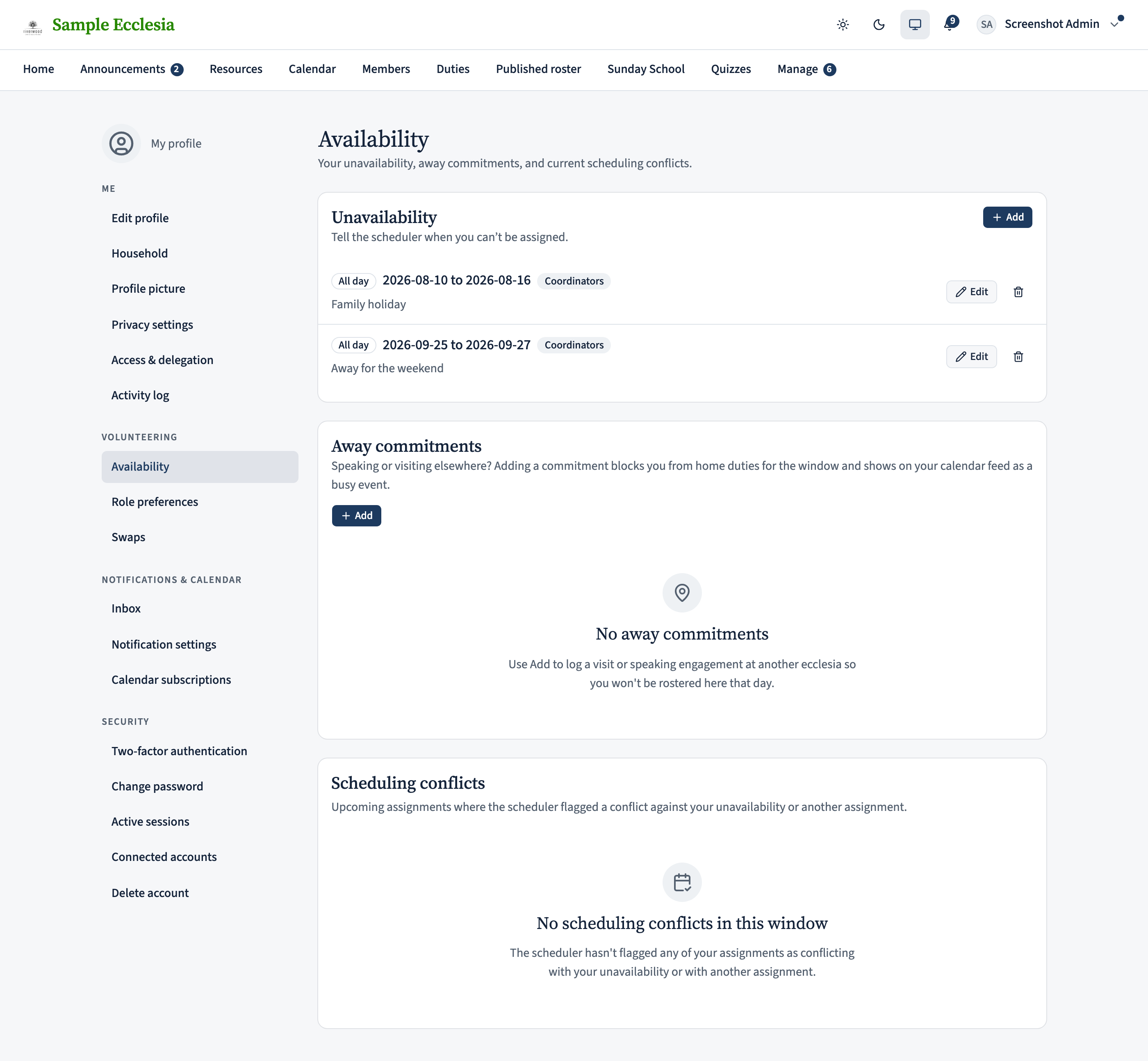A member's Role preferences page showing the newly-created Presider row with an Eligible badge and a Willing toggle switched on. Adjacent rows show mixed Eligible/Ineligible badges consistent with the tenant's demographics.