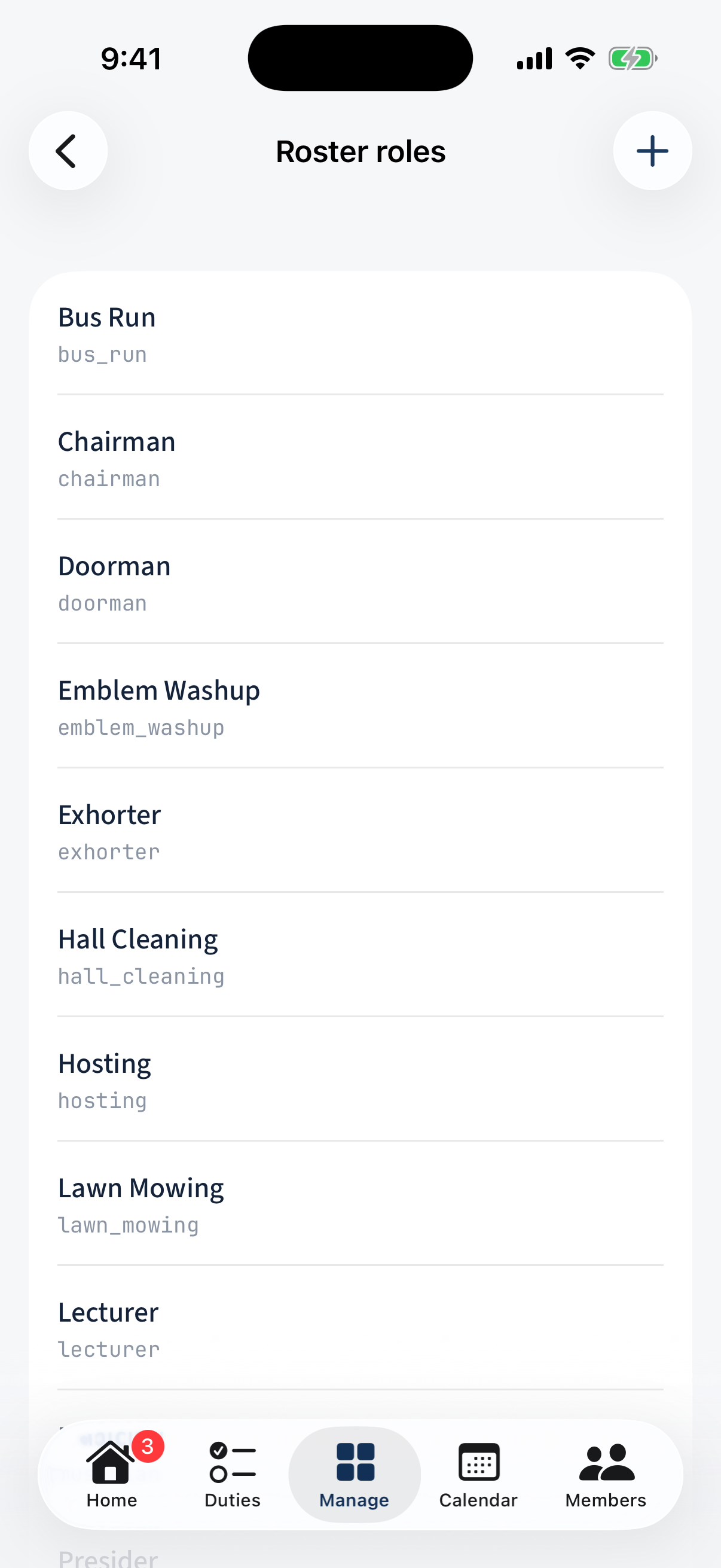 Manage → Roster roles: the catalogue, each row a display name and code, with a + to add.
