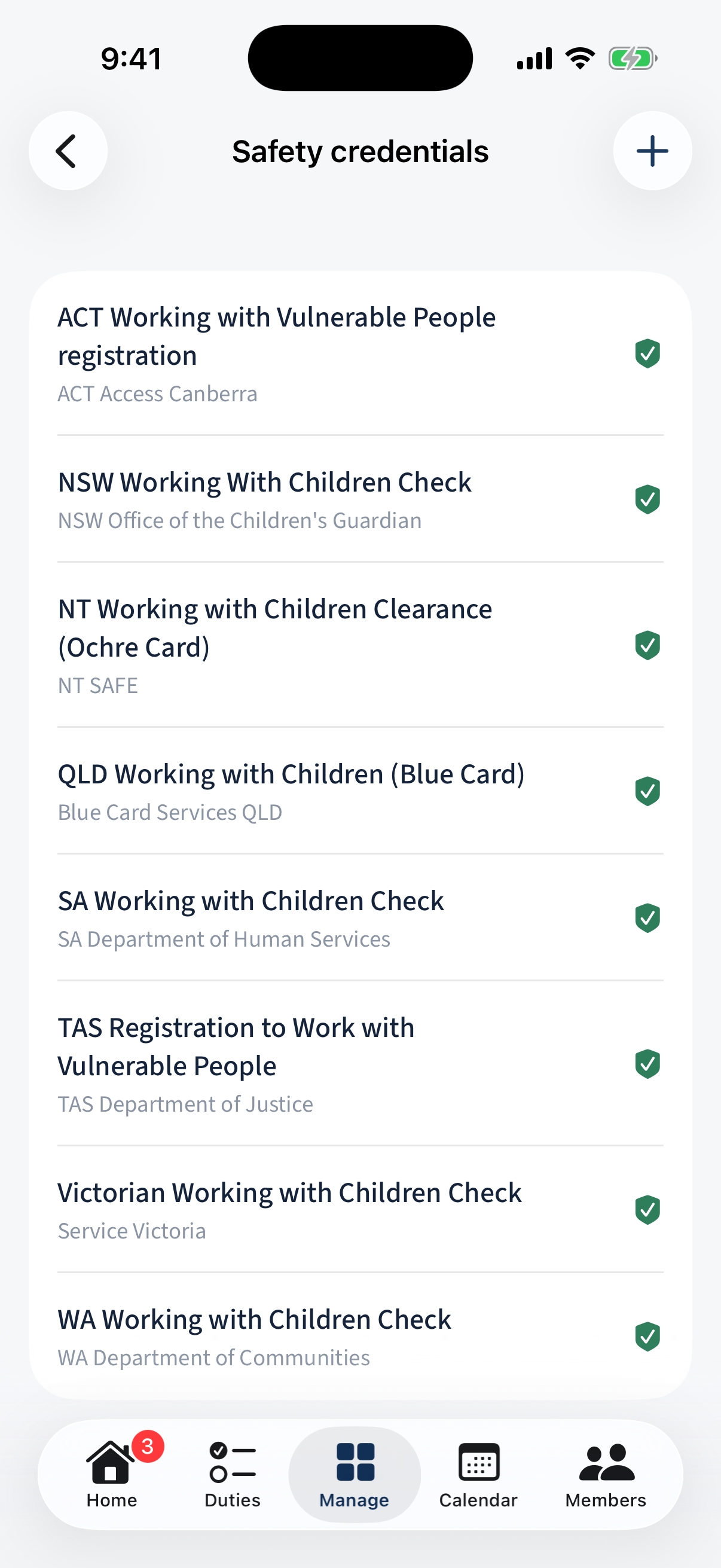 Manage → Safety credentials: the working-with-children check types by state.