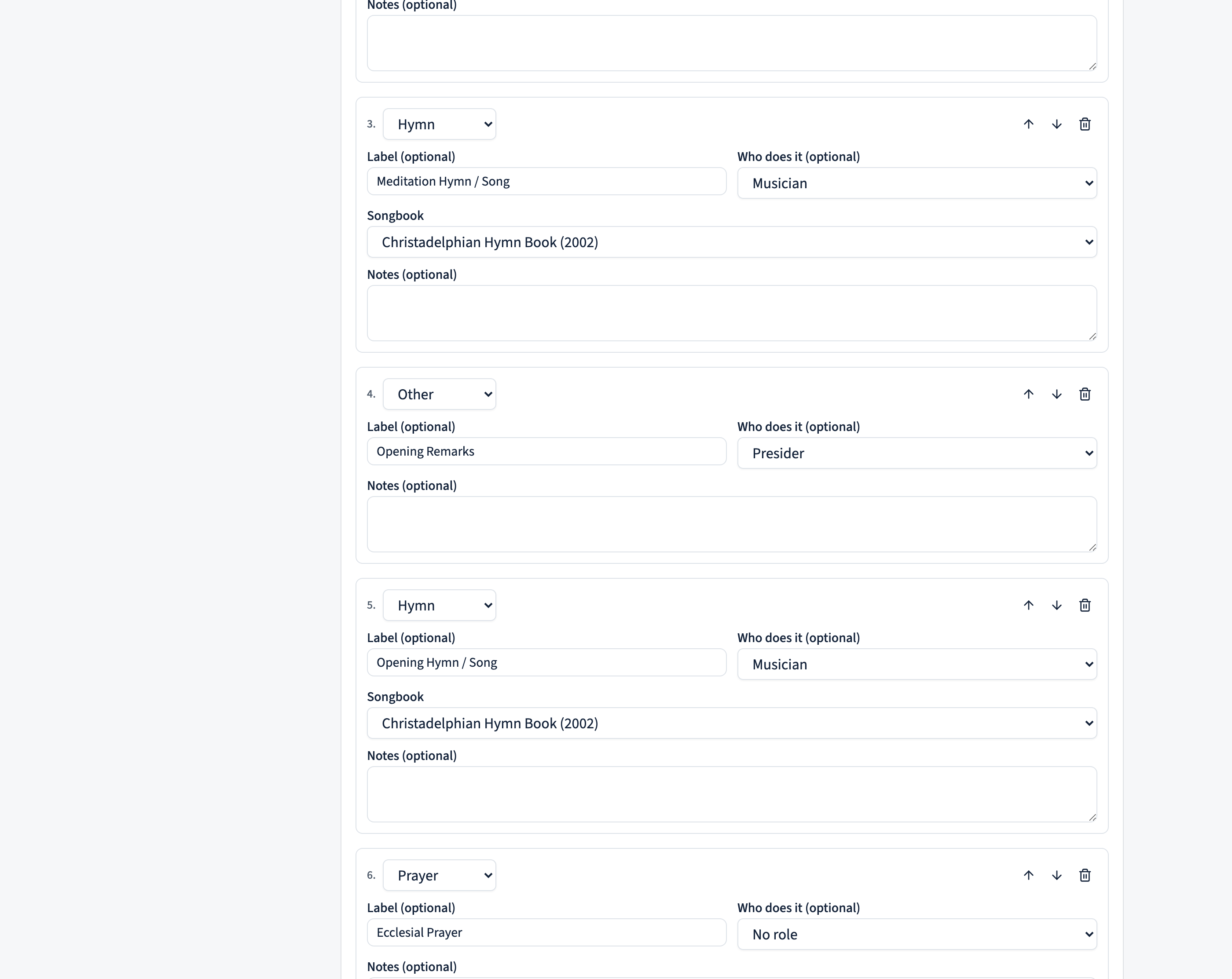 A single slot in the template editor: a type dropdown (Hymn), an optional label, a 'Who does it' role picker, and a songbook picker.
