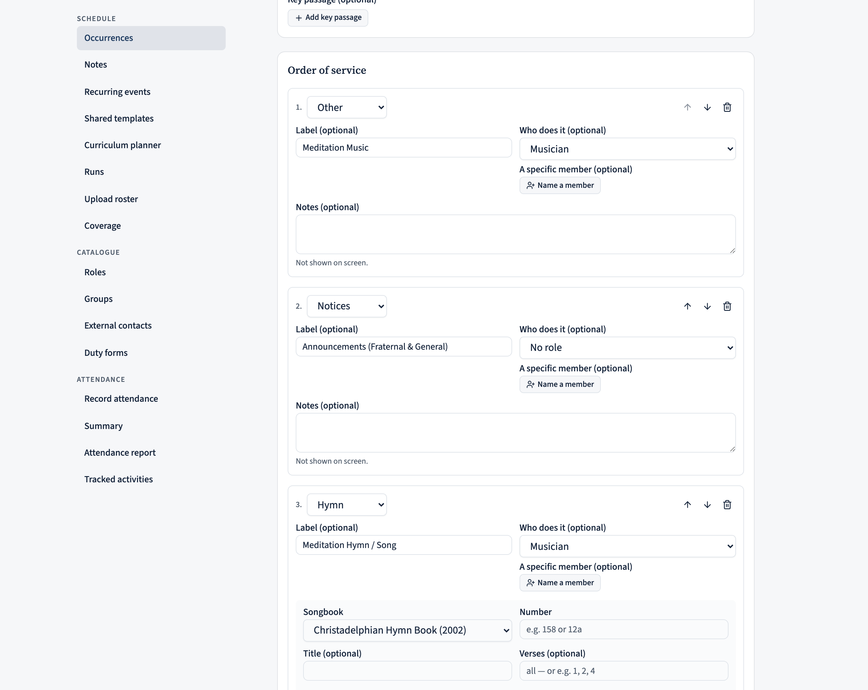 A single occurrence's service plan editor, pre-filled from the template, with hymn-number, reading, and a 'Name a member' control on each item.