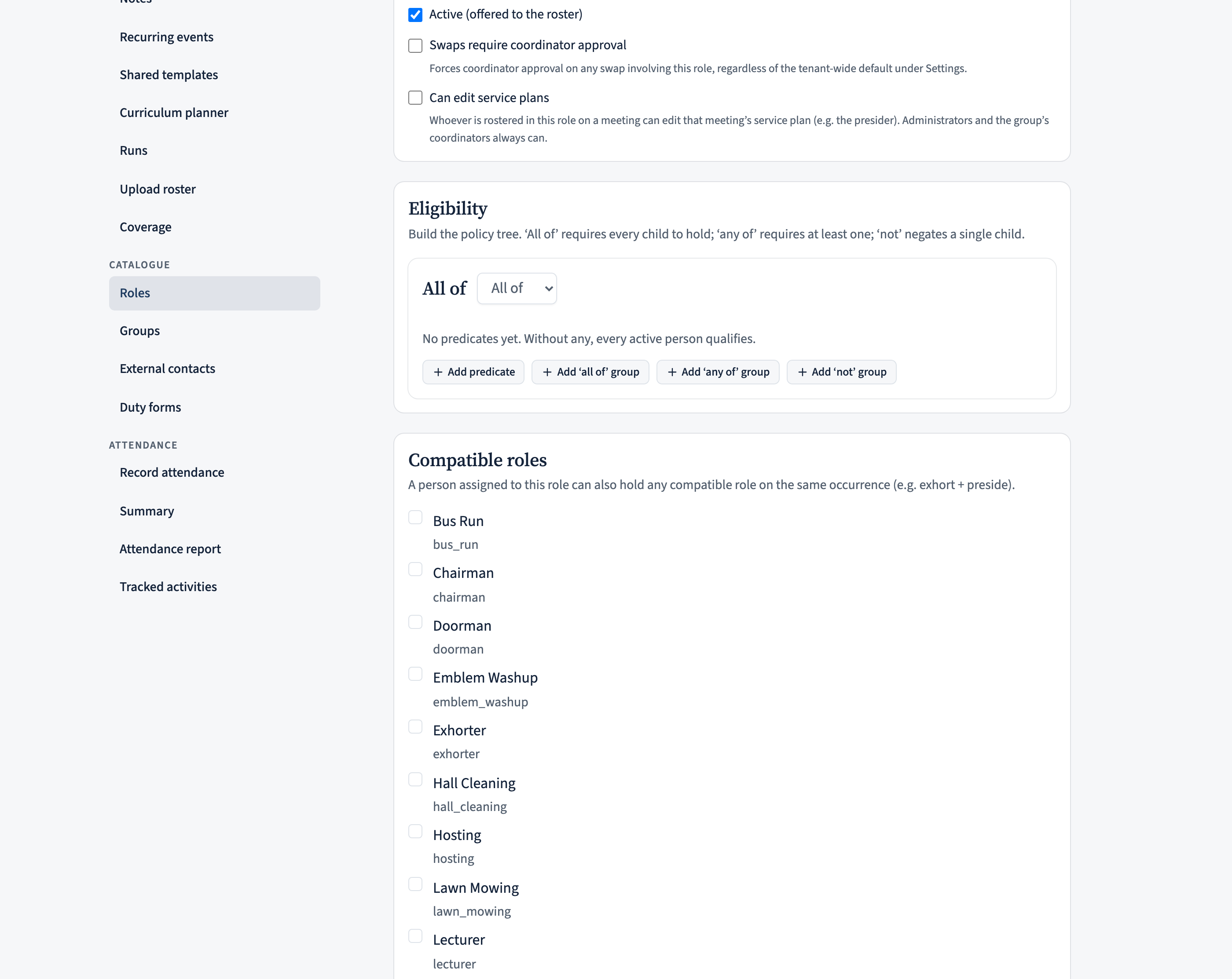 The role editor showing a 'Can edit service plans' toggle on a role such as Presider.