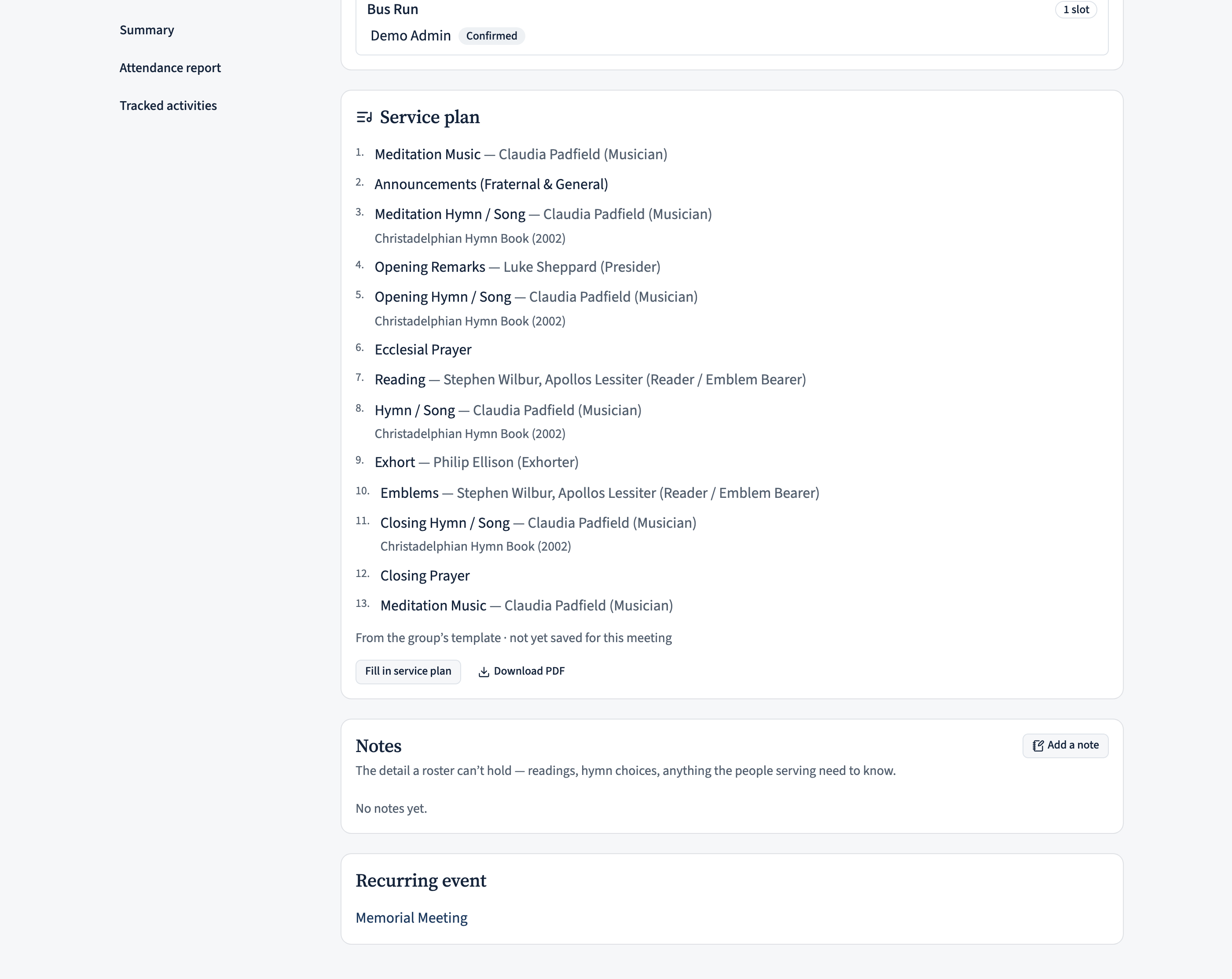 An occasion's Service plan card listing the full order of service with each item's rostered person, and Download PDF.