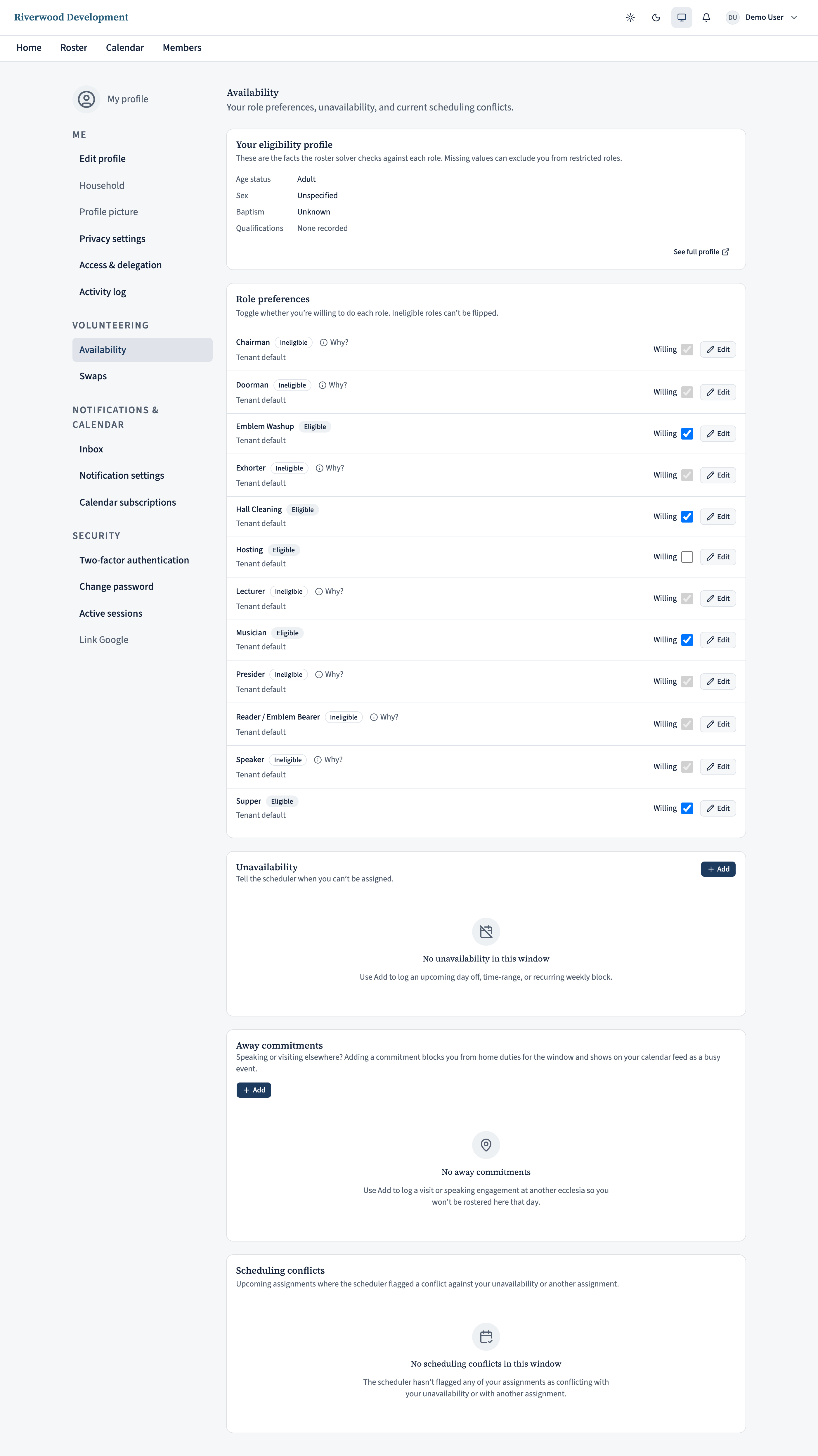 The Away commitments card below Unavailability, with a dialog open for adding a new commitment: a title 'Speaking at Southside Ecclesia', kind 'All day', a start + end date, and optional host / location fields.