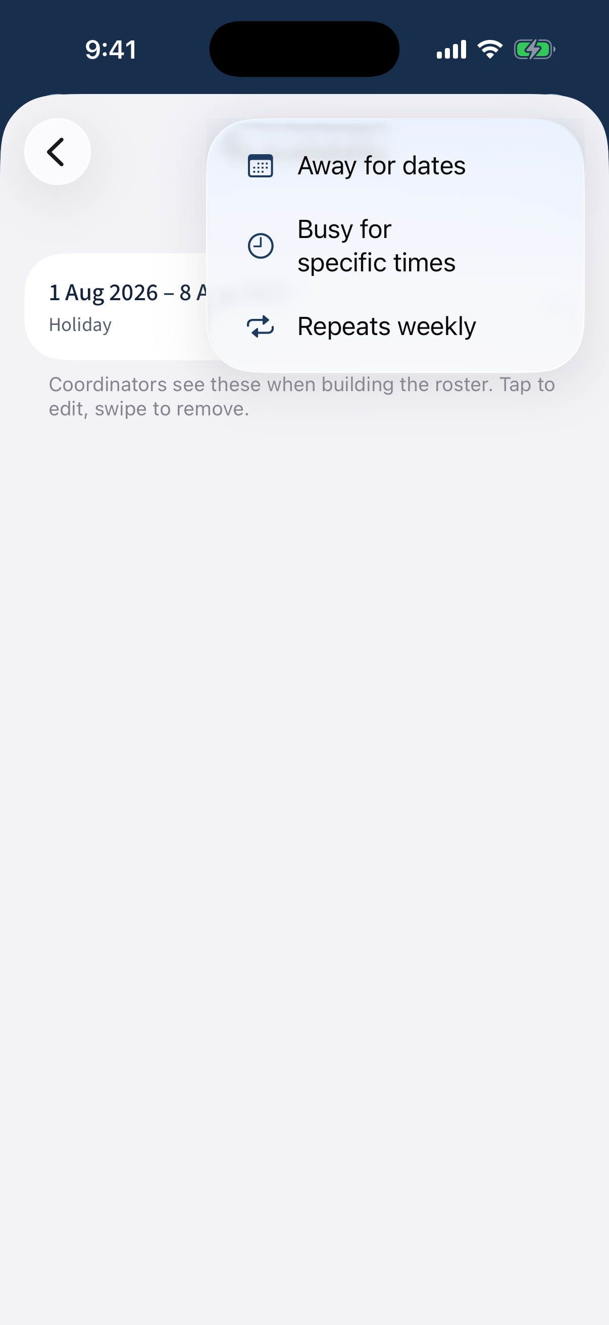 Adding an unavailability window: all-day, timed, or weekly.