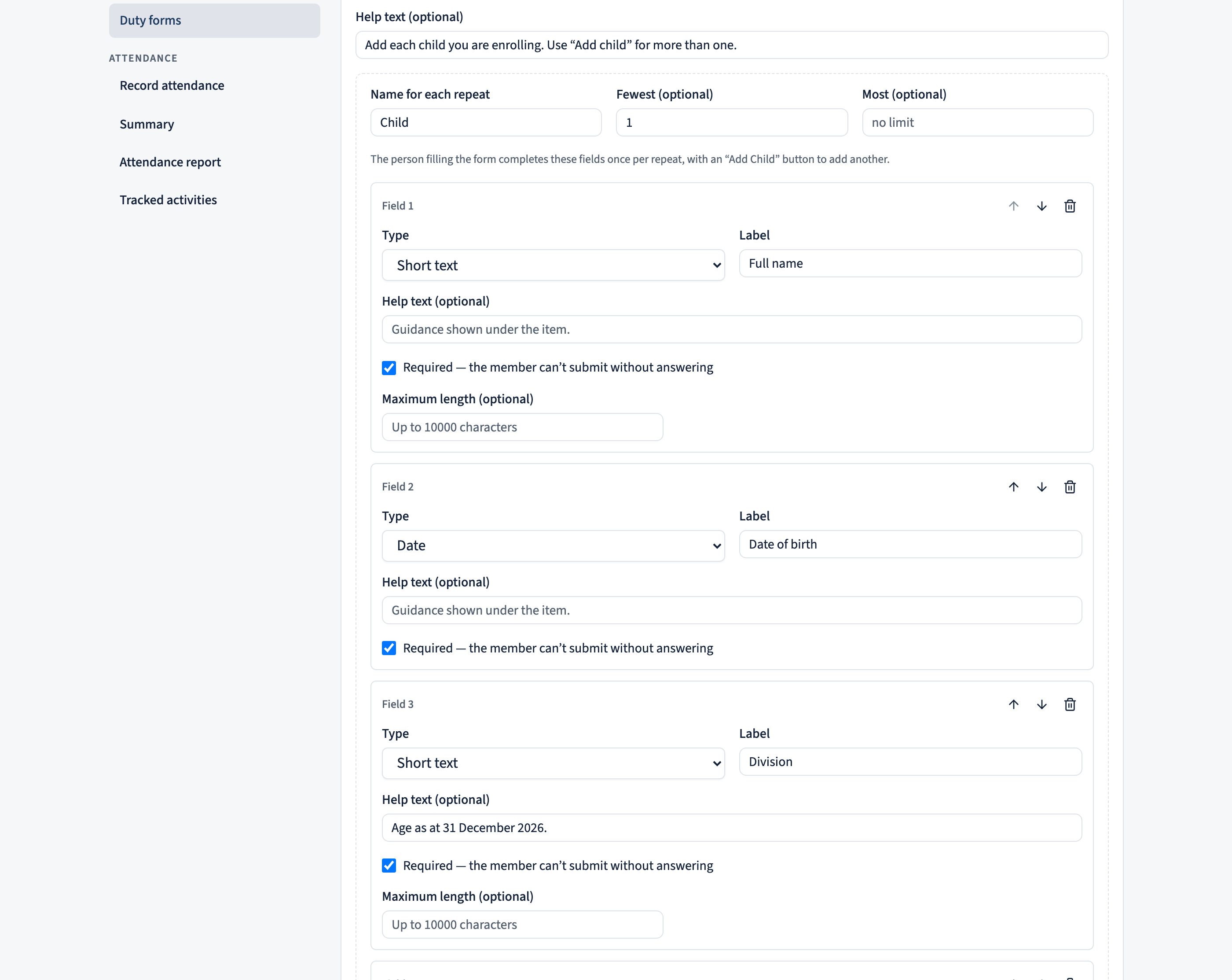 The item builder showing a repeatable Child group — full name, date of birth, division, medical conditions, and food allergies — with an Add another child control and a min/max repeat setting.