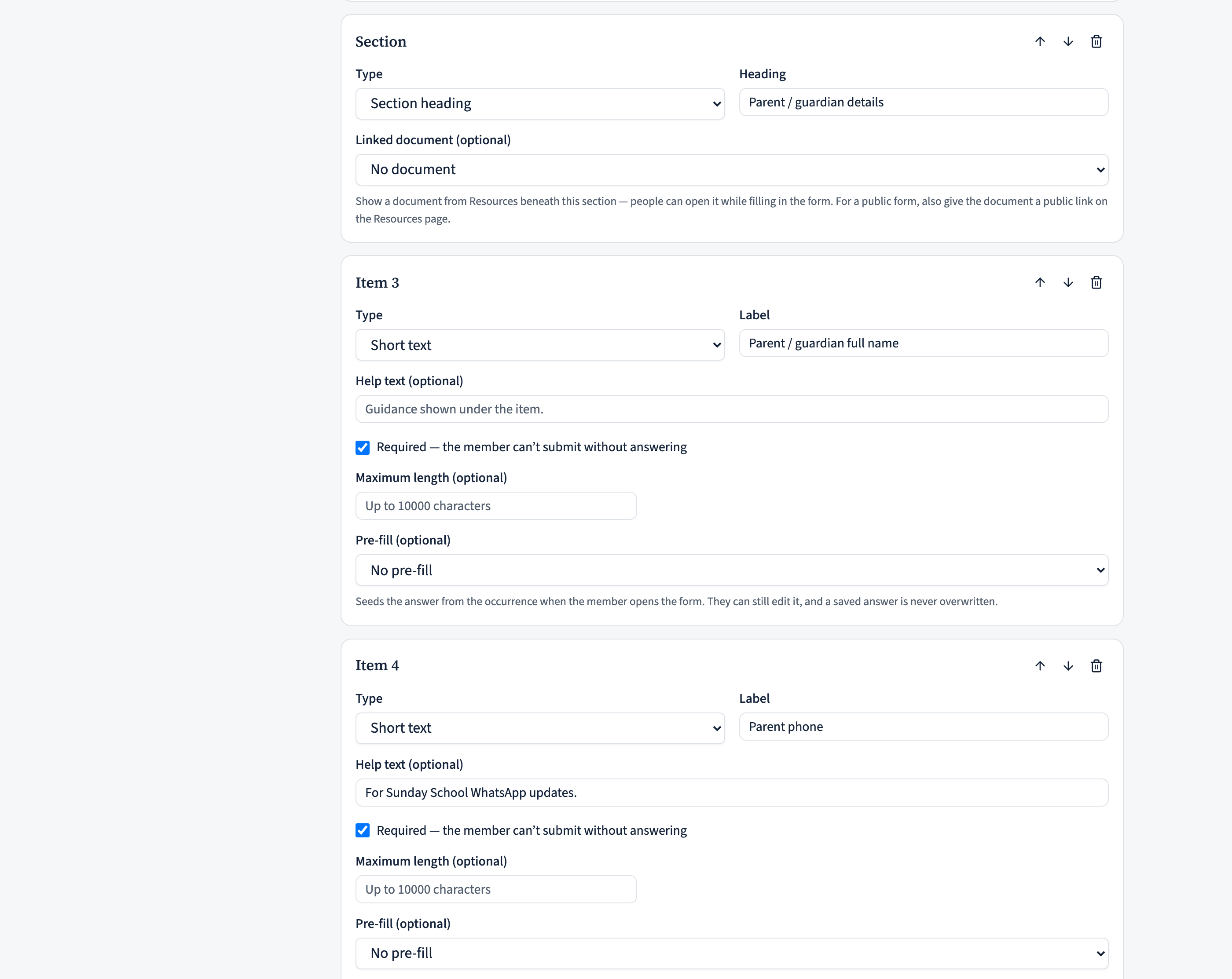The item builder with a Parent/guardian section: name, phone and email short-text fields, Yes/No single-choice questions, and a required agreement checkbox with a guidelines link in its help text.