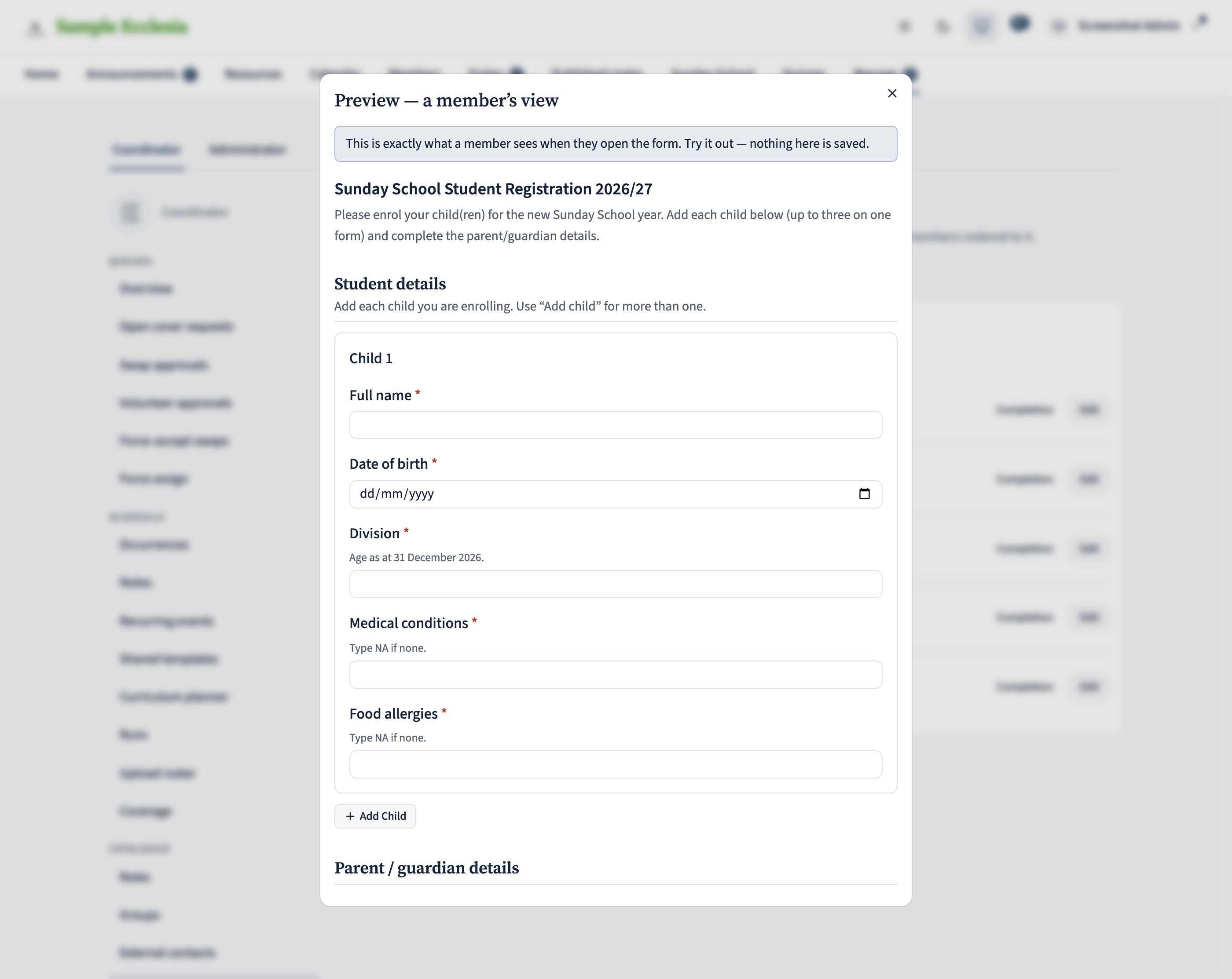 The member's-eye preview of the registration form: the child group with an Add another child button, parent fields, and the consent checkbox.