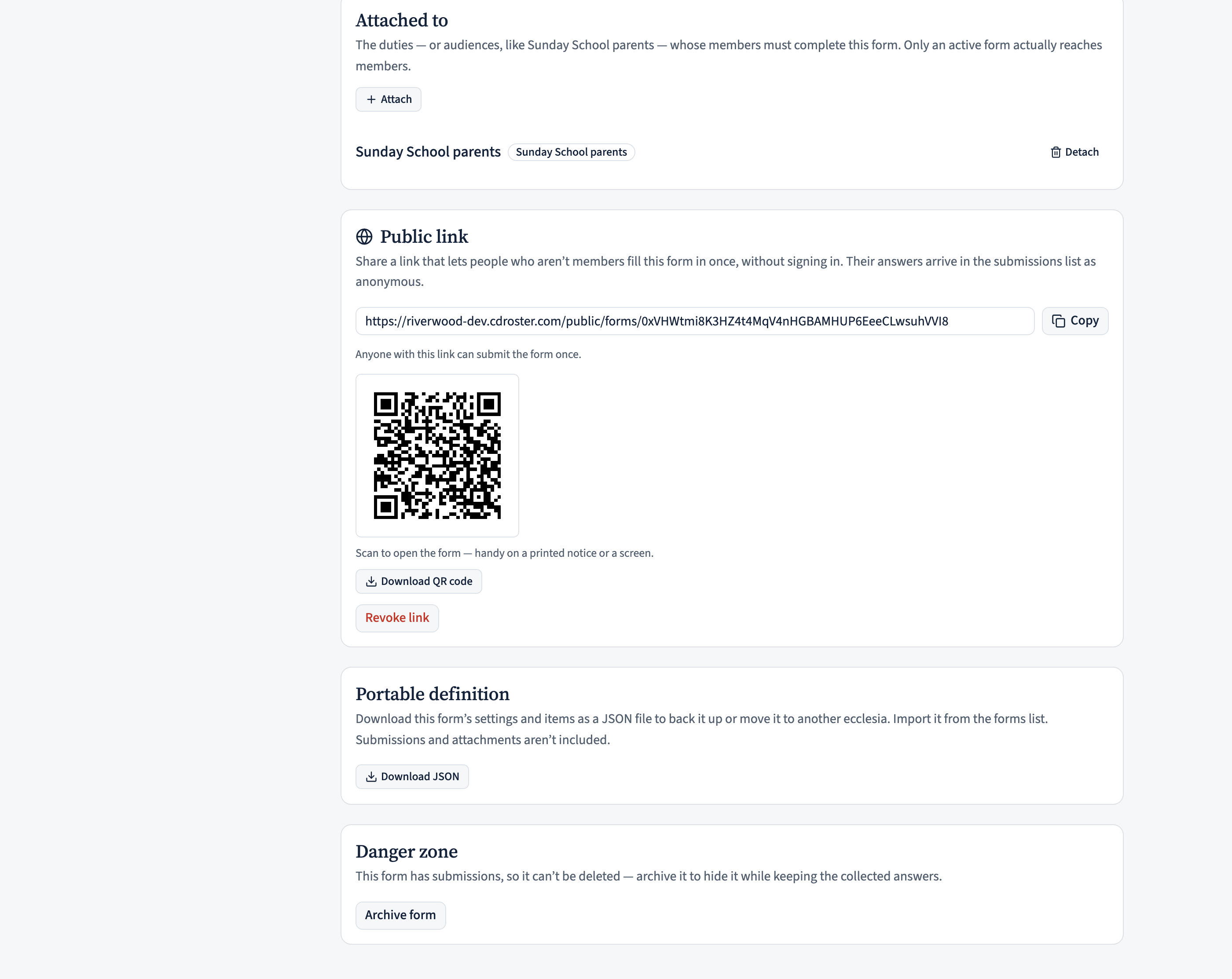 The Public link card on an active form: a toggle turned on, the shareable link in a read-only field with a Copy button, a QR code with a Download button, and a Revoke control.