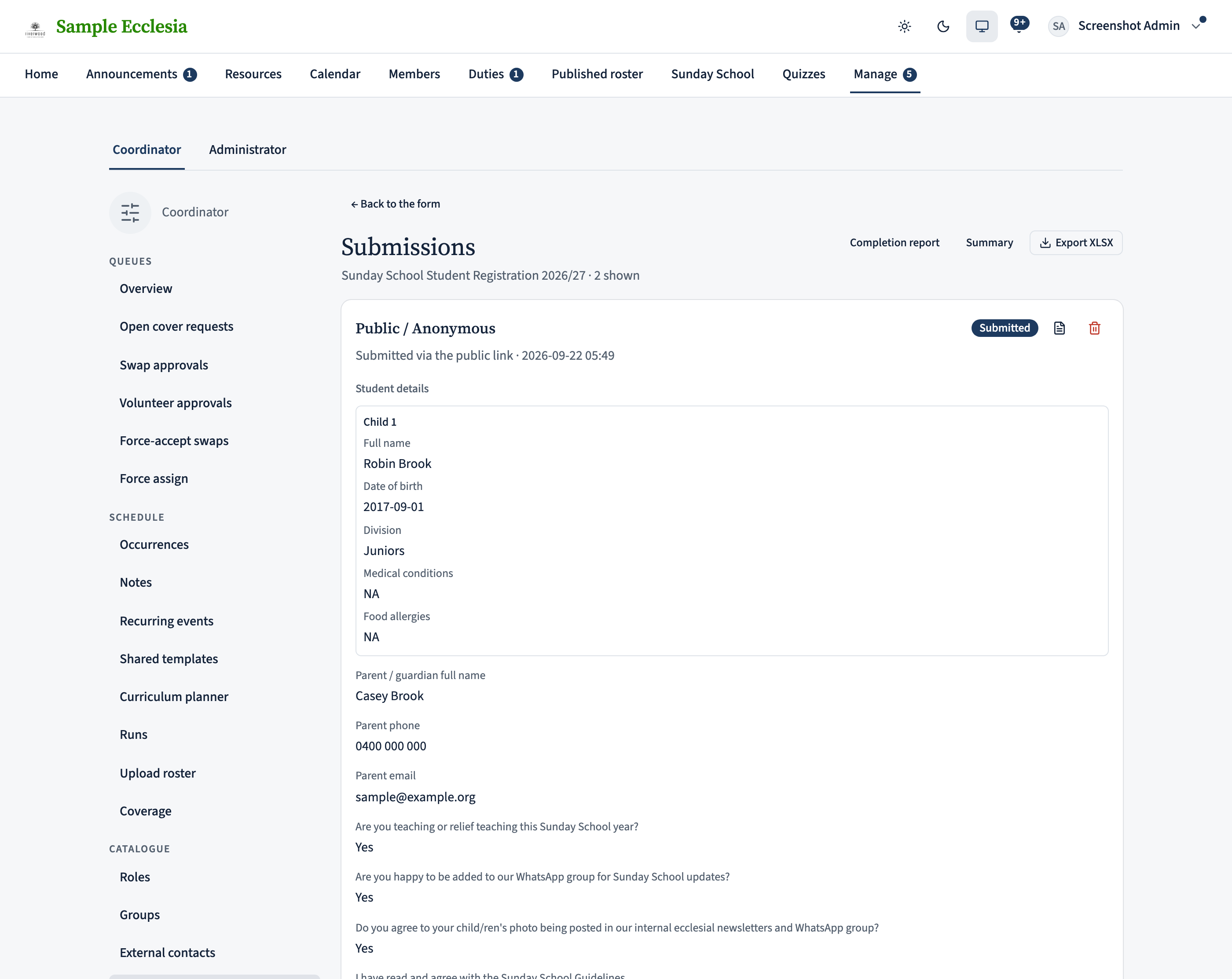 The submissions review page: each response shown as Public / Anonymous with every child's details listed, and an Export XLSX button.