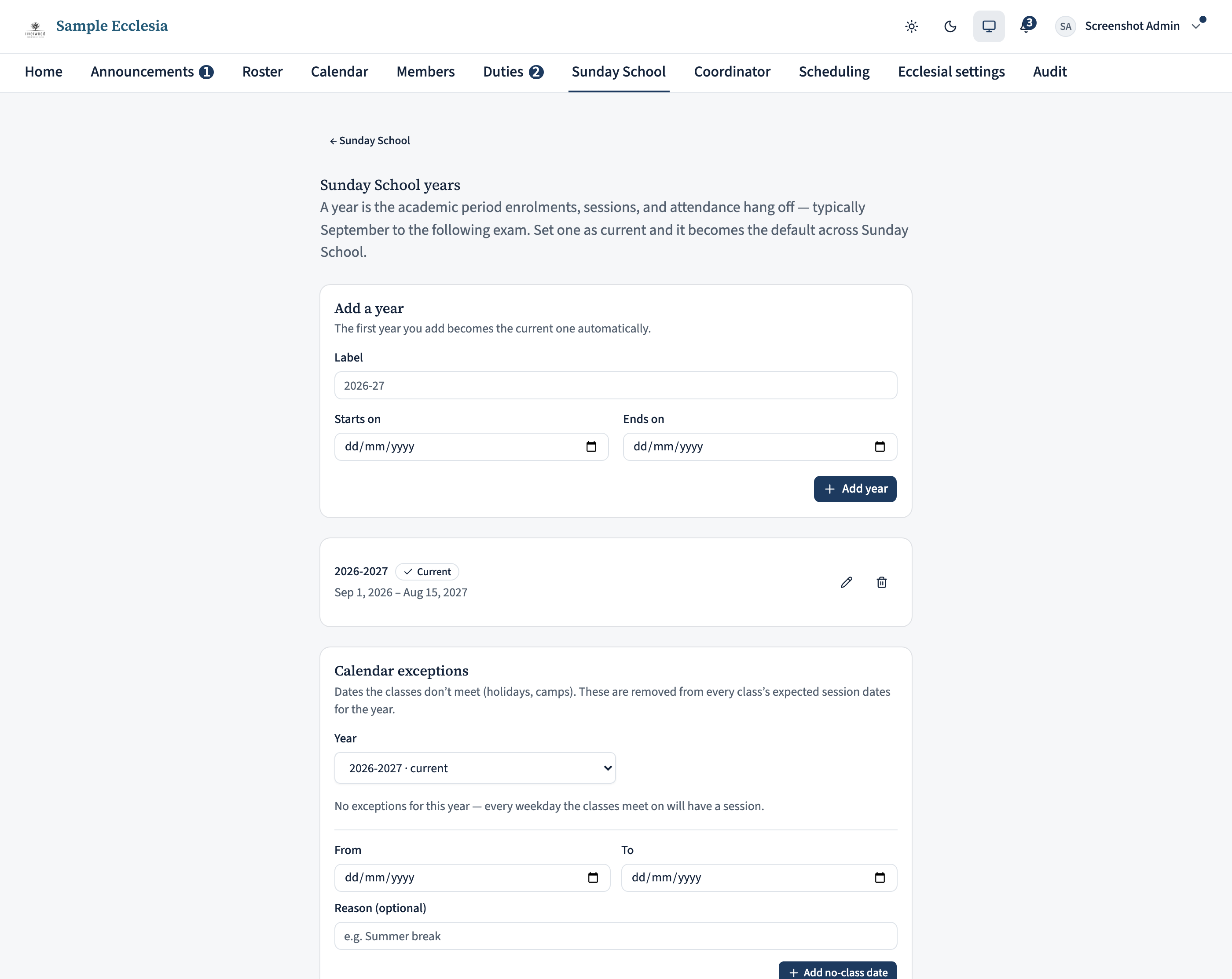 The Sunday School years page with a form to add a year (label, start date, end date, and a 'seed enrolments from minors' option) and a list of years, one badged 'Current'.