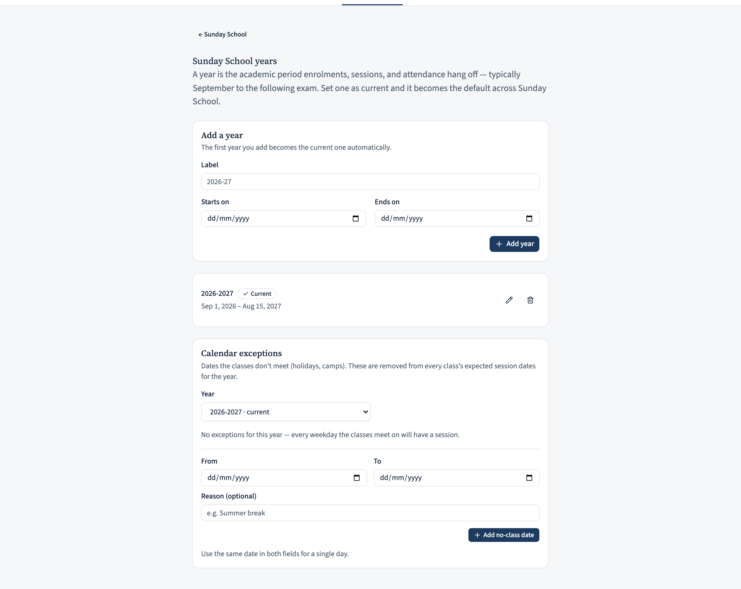 The 'Calendar exceptions' card on the Years page, with a year selector, a list of no-class dates with reasons, and a form to add a From/To date range.