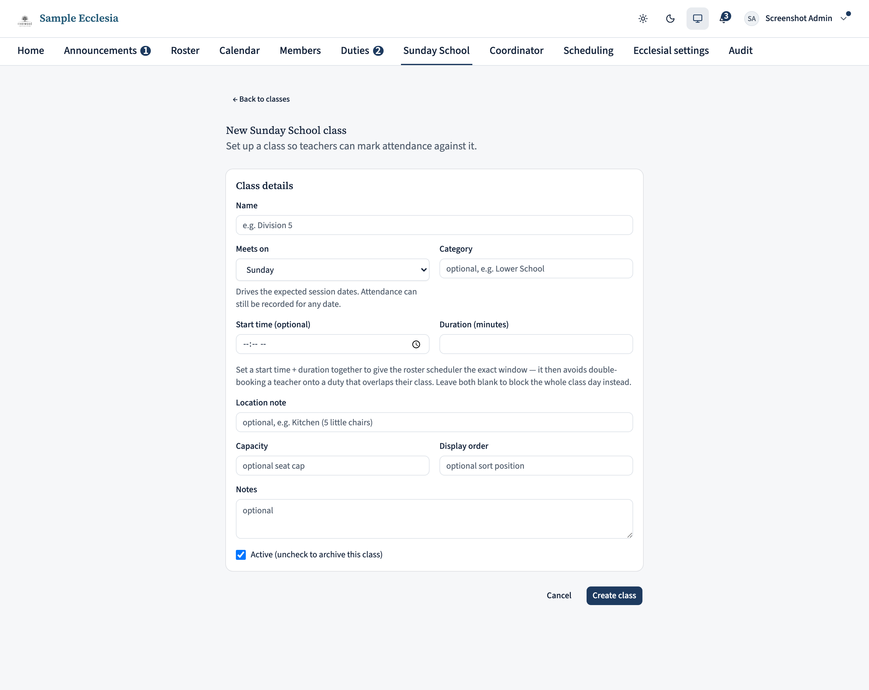 The new-class form with fields for name, the weekday it meets on, category, location note, age range, and capacity.