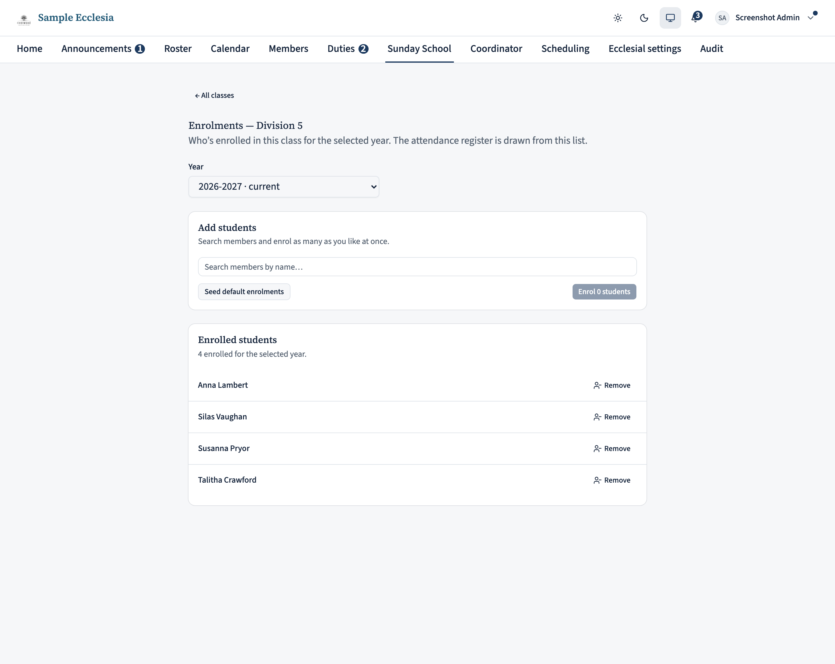 The Enrolments page for a class, with a member search to enrol students, a 'Seed default enrolments' button, and the list of enrolled students.