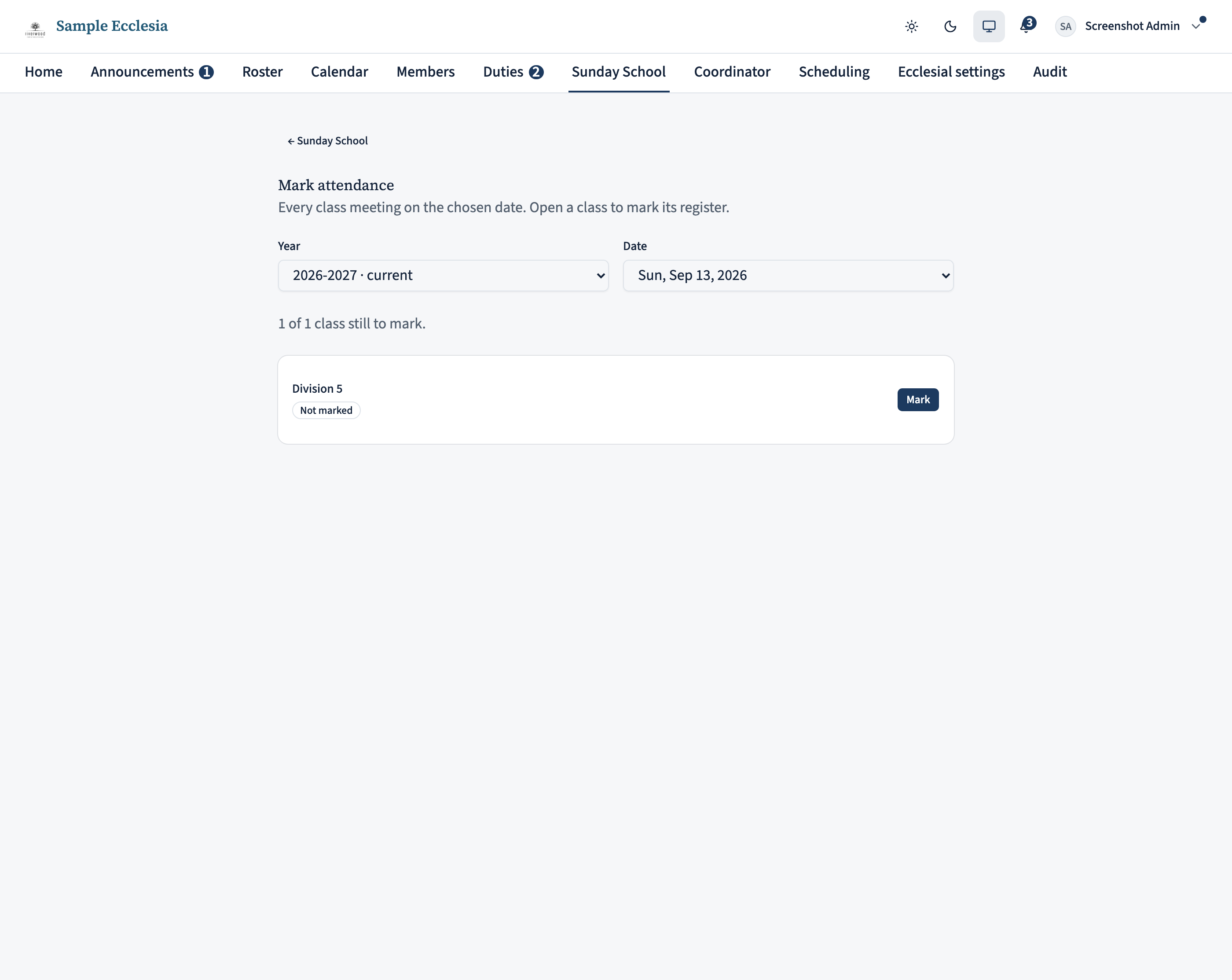 The cross-class 'Mark attendance' page: a year and date selector, First mark / Second mark tabs, then a card per class with the teacher of record, today's location, Present/Absent toggles for each child, a visitors box, and an attestation checkbox above Save.
