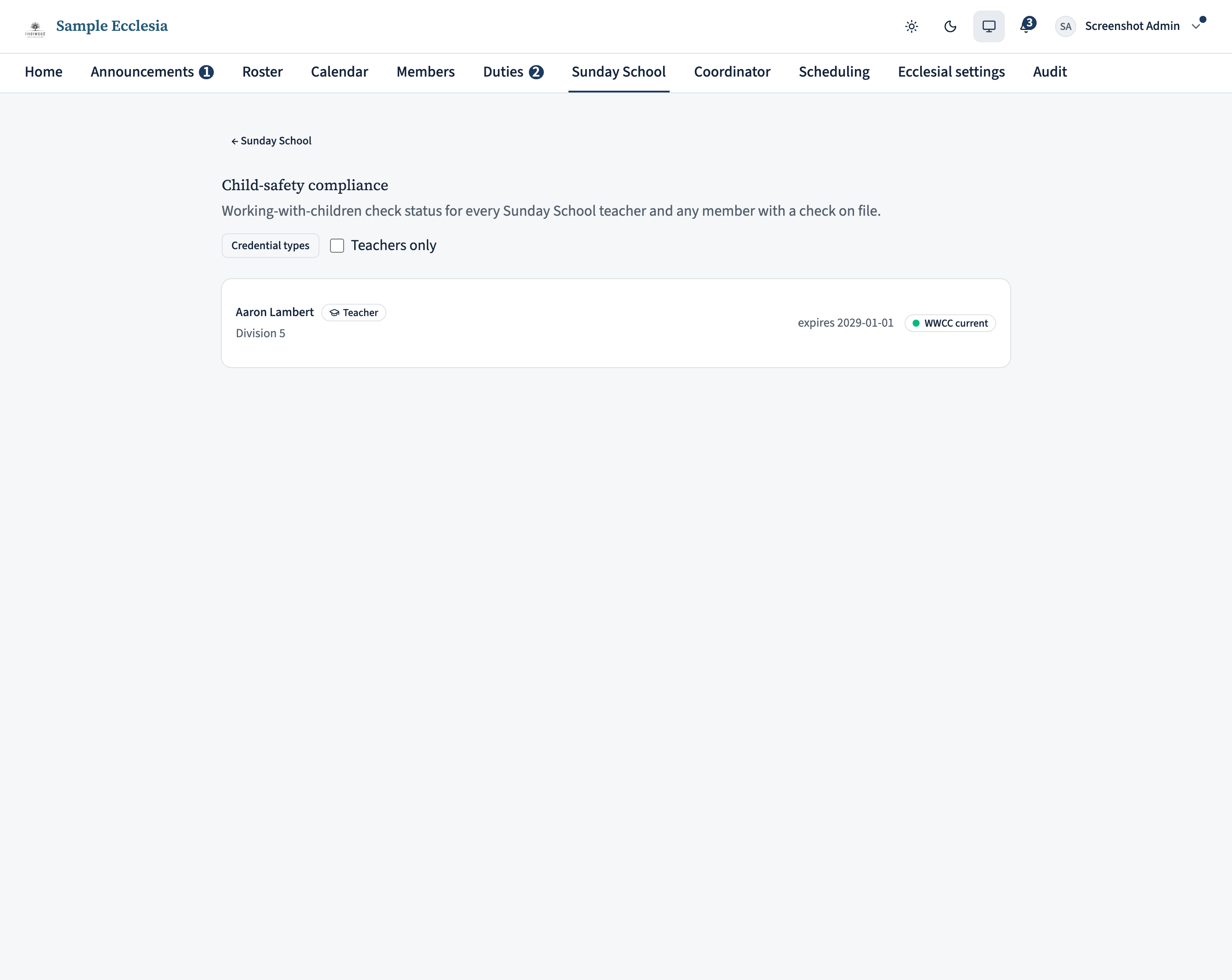 The child-safety compliance report: a list of teachers and credential holders, each with a WWCC status badge (current, expiring, expired, or none), worst-first, with a 'teachers only' filter.