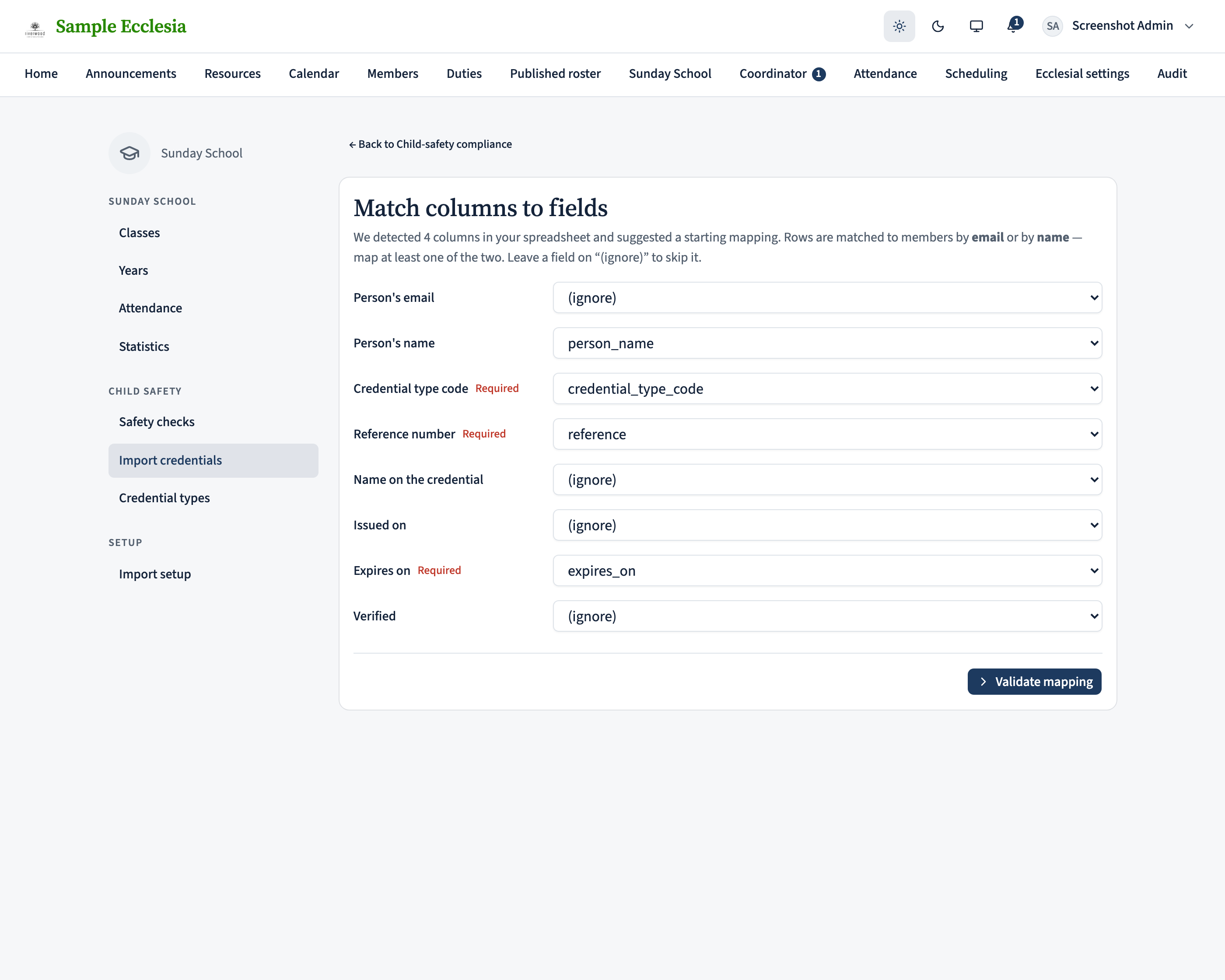The credential import flow: the column-mapping screen with spreadsheet columns matched to credential fields, ready to validate.