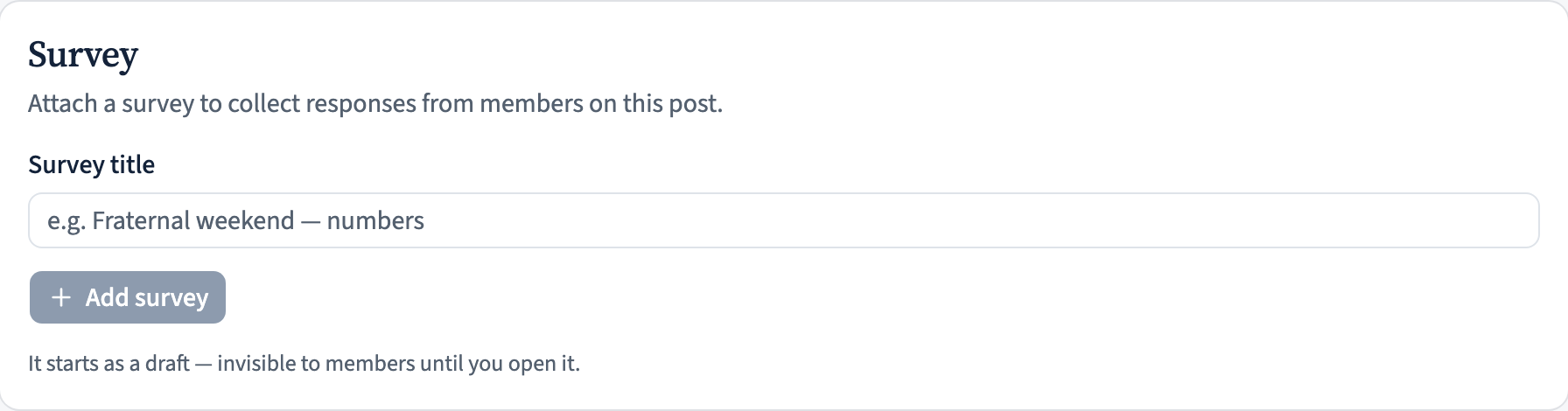 The announcement editor with a Survey panel and an Add survey button beneath the post body.
