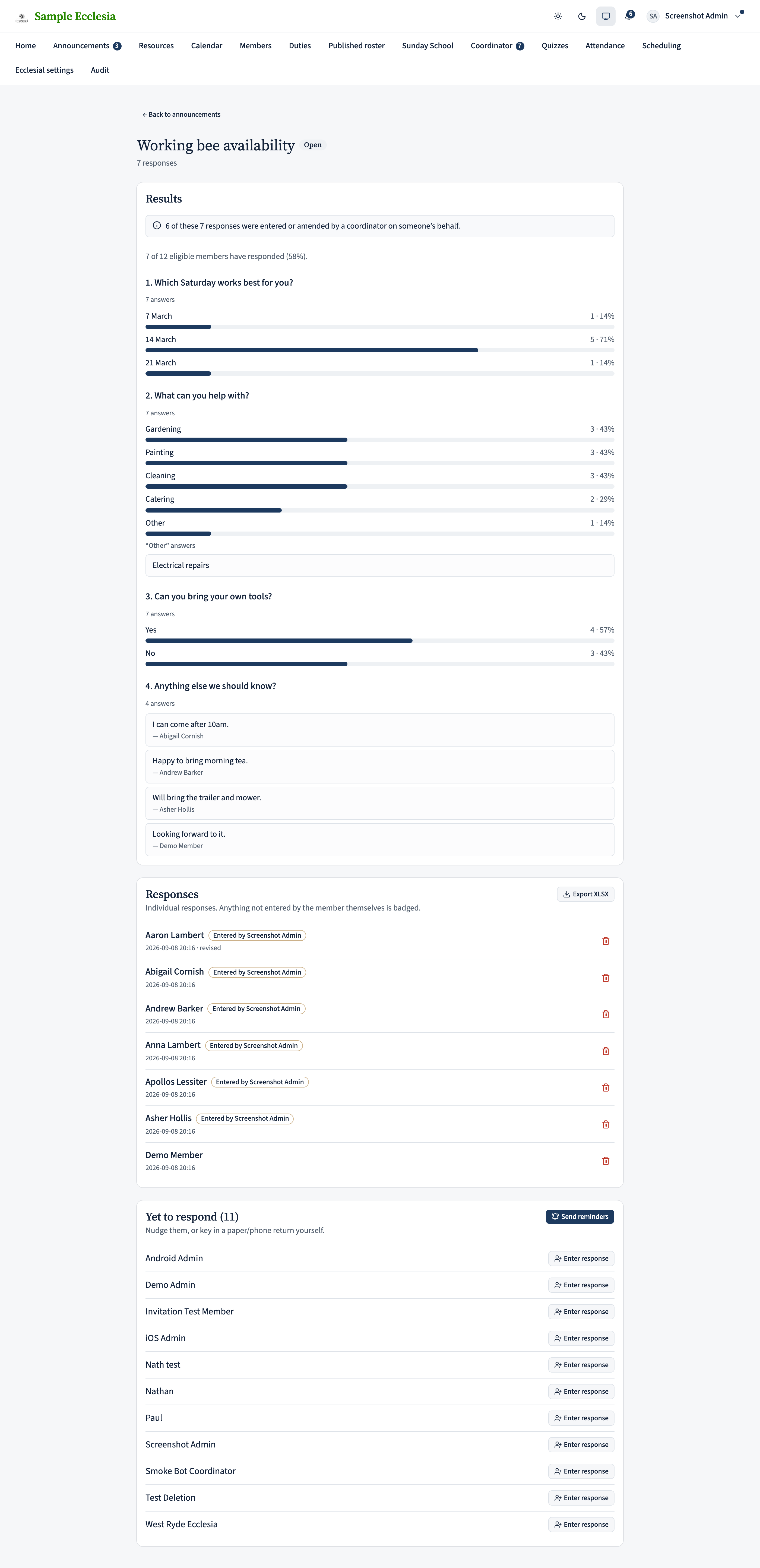 The survey review page showing results, individual responses, and a list of members yet to respond with a Send reminders button.