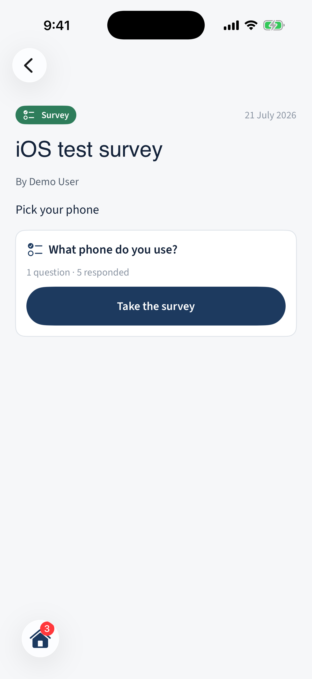 A survey announcement showing its summary and a Take the survey button.