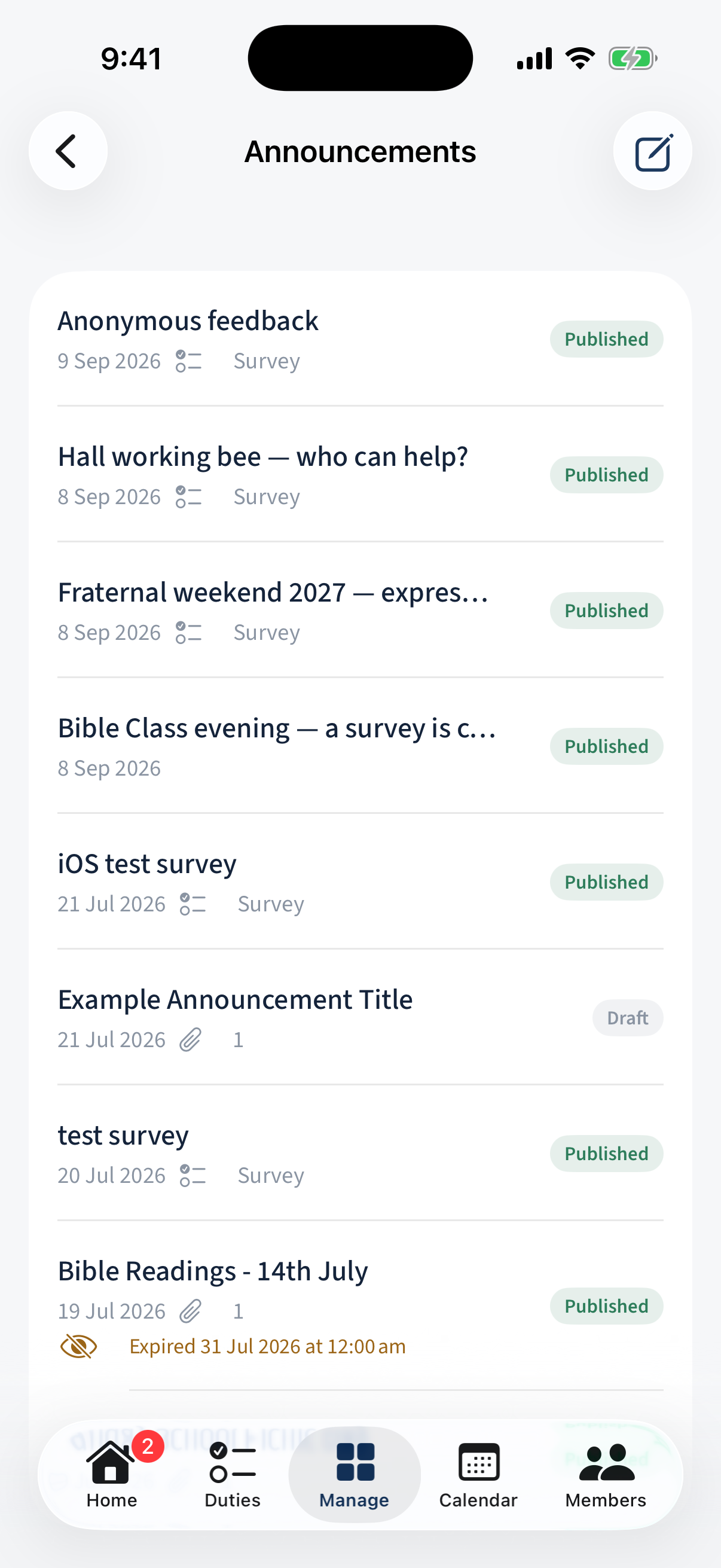 Manage → Announcements: posts with a survey badge marking those carrying a survey; a compose icon.