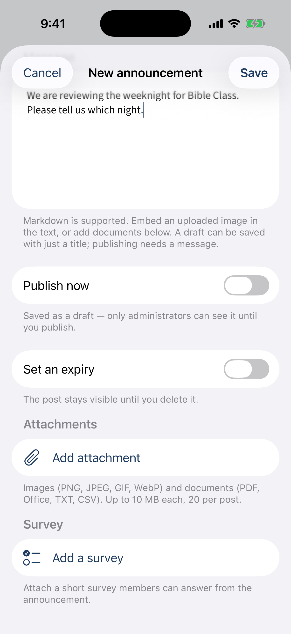 The announcement composer with Survey → Add a survey.