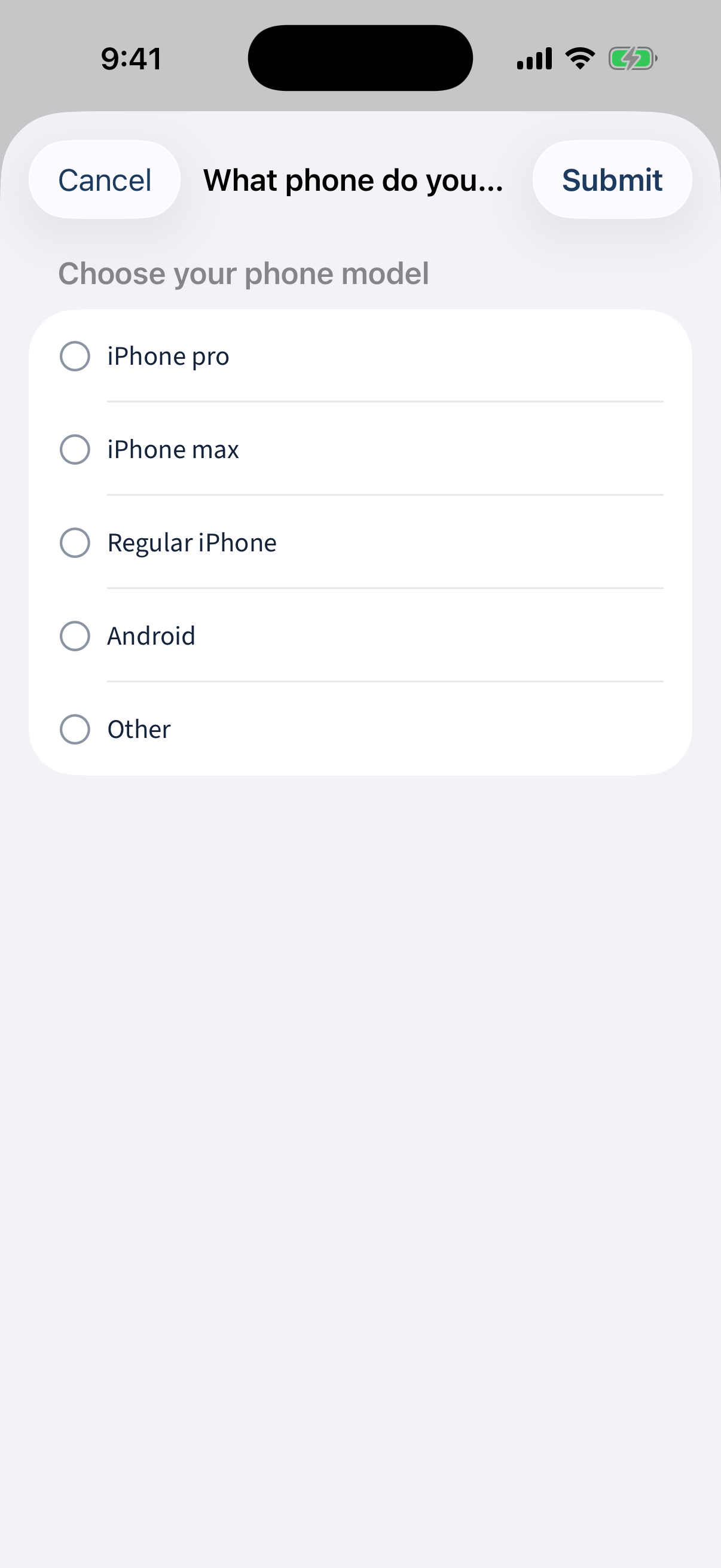 The response sheet: one card per question, with Cancel / Submit in the nav bar.