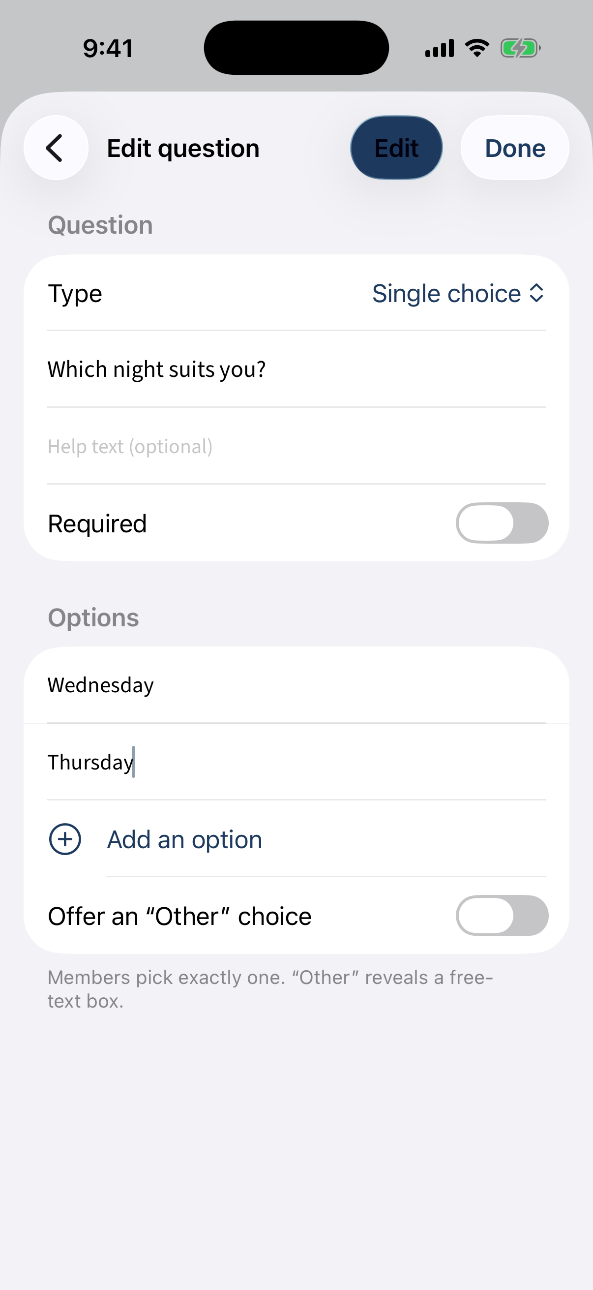 A question with Type, text, help, a Required toggle, Options, and an Other choice.