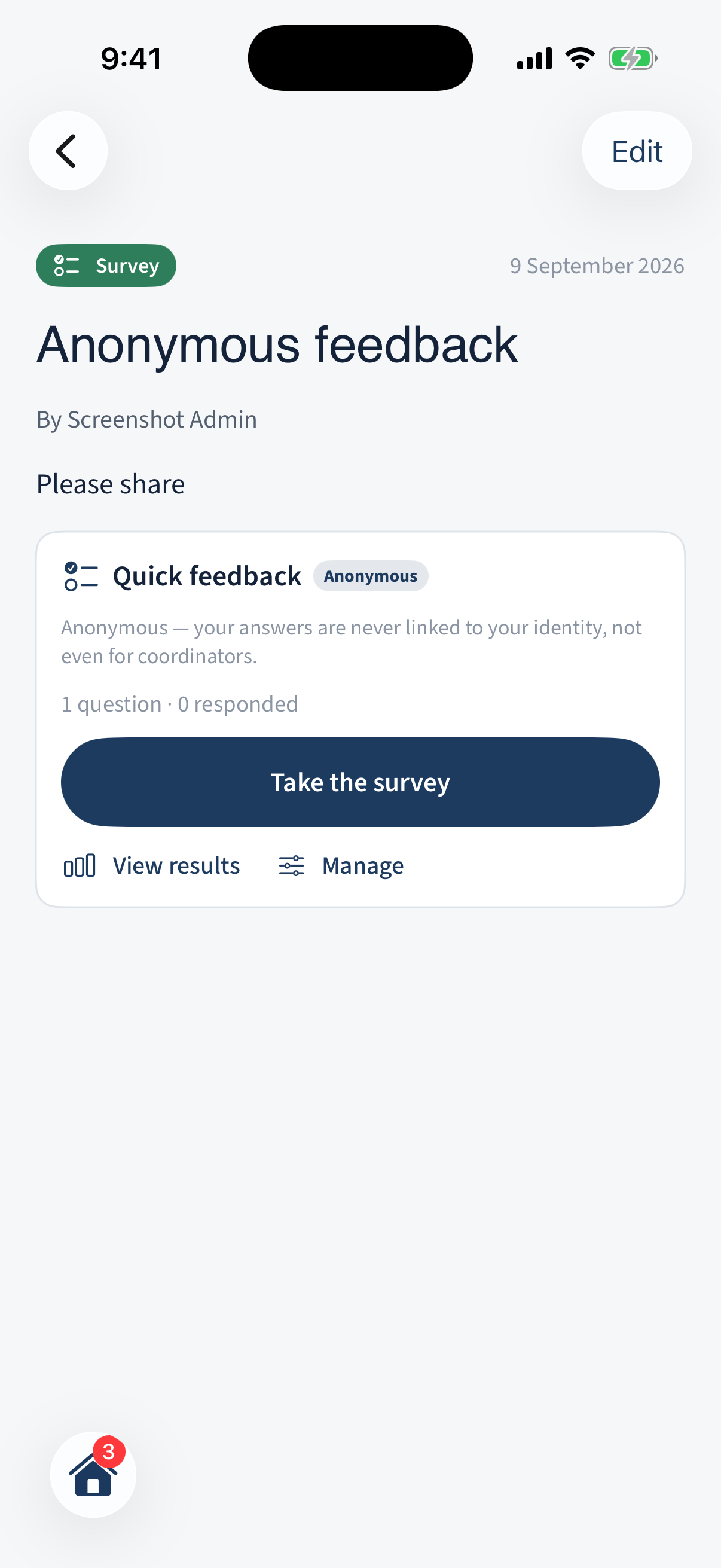 An anonymous survey announcement: an "Anonymous" badge beside the title and an explainer that answers are never linked to identity.