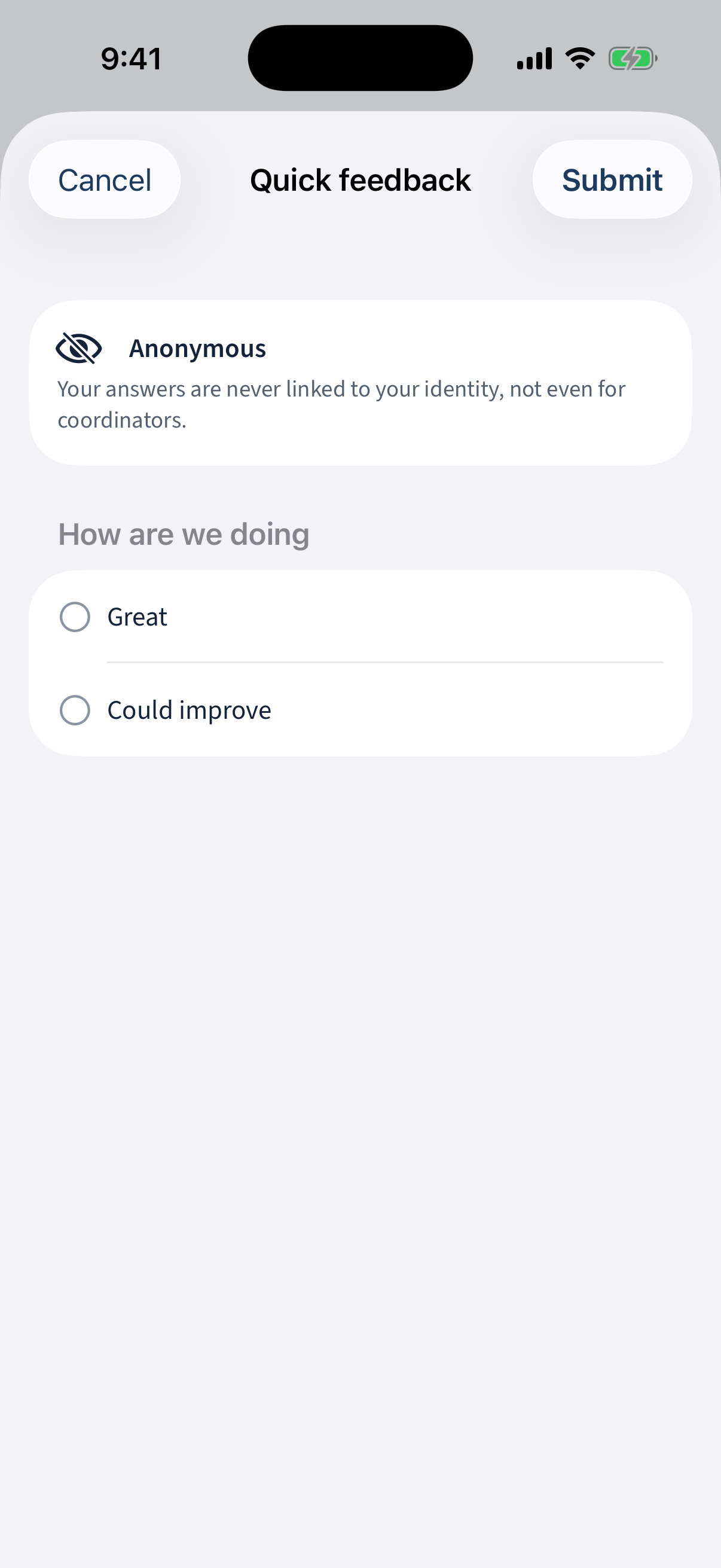 The anonymous response sheet: an eye-slash "Anonymous" banner above the questions repeating that answers are never linked to identity.