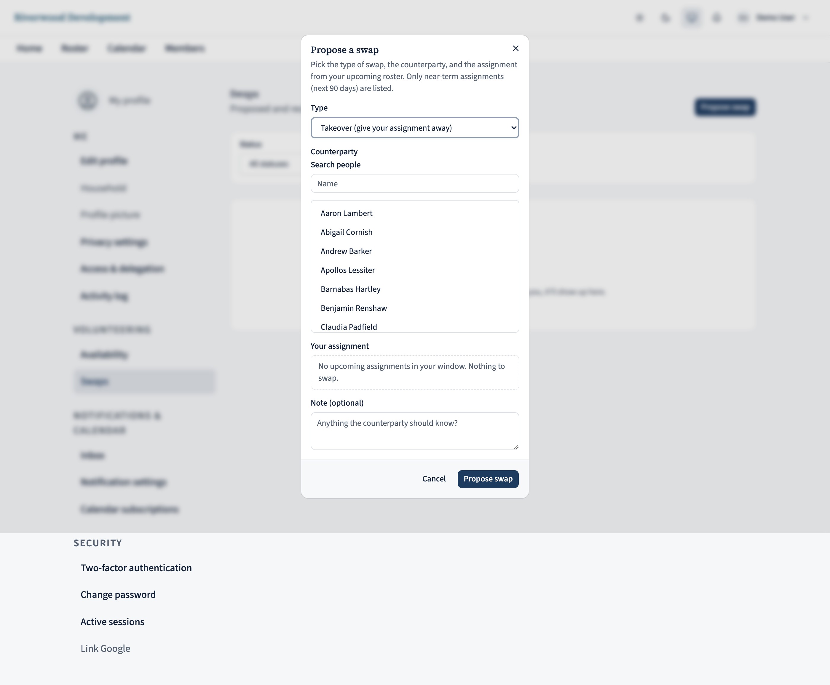 The New swap dialog with the Counterparty picker showing a search field and a list of member names. Below it, a 'Your assignment' picker lists upcoming assignments (role name, occurrence, date) with radio buttons.
