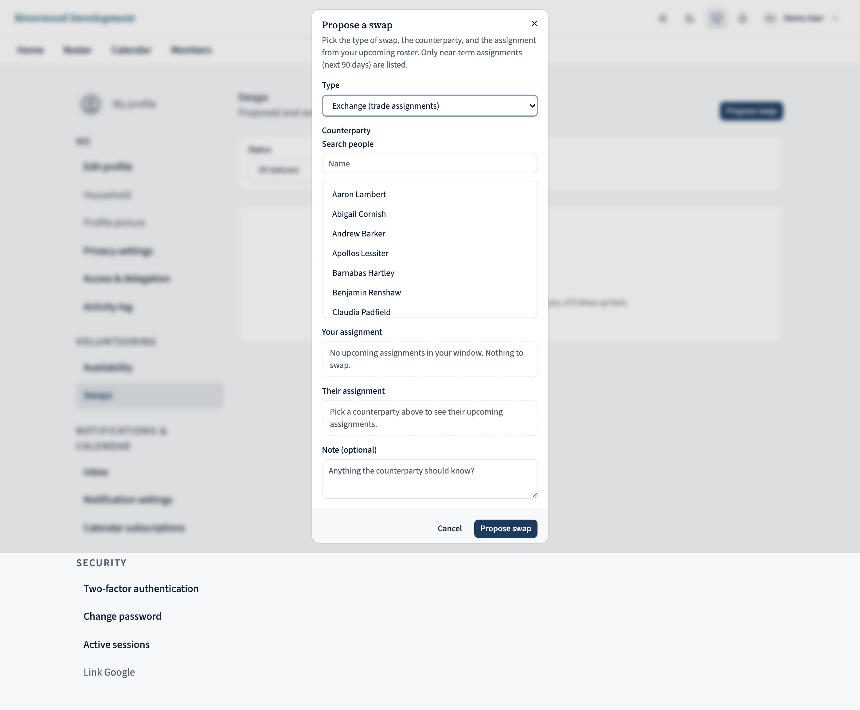 The New swap dialog with Type set to Exchange. Two assignment pickers stacked: 'Your assignment' with one row selected, and 'Their assignment' listing the counterparty's upcoming assignments with one row selected.