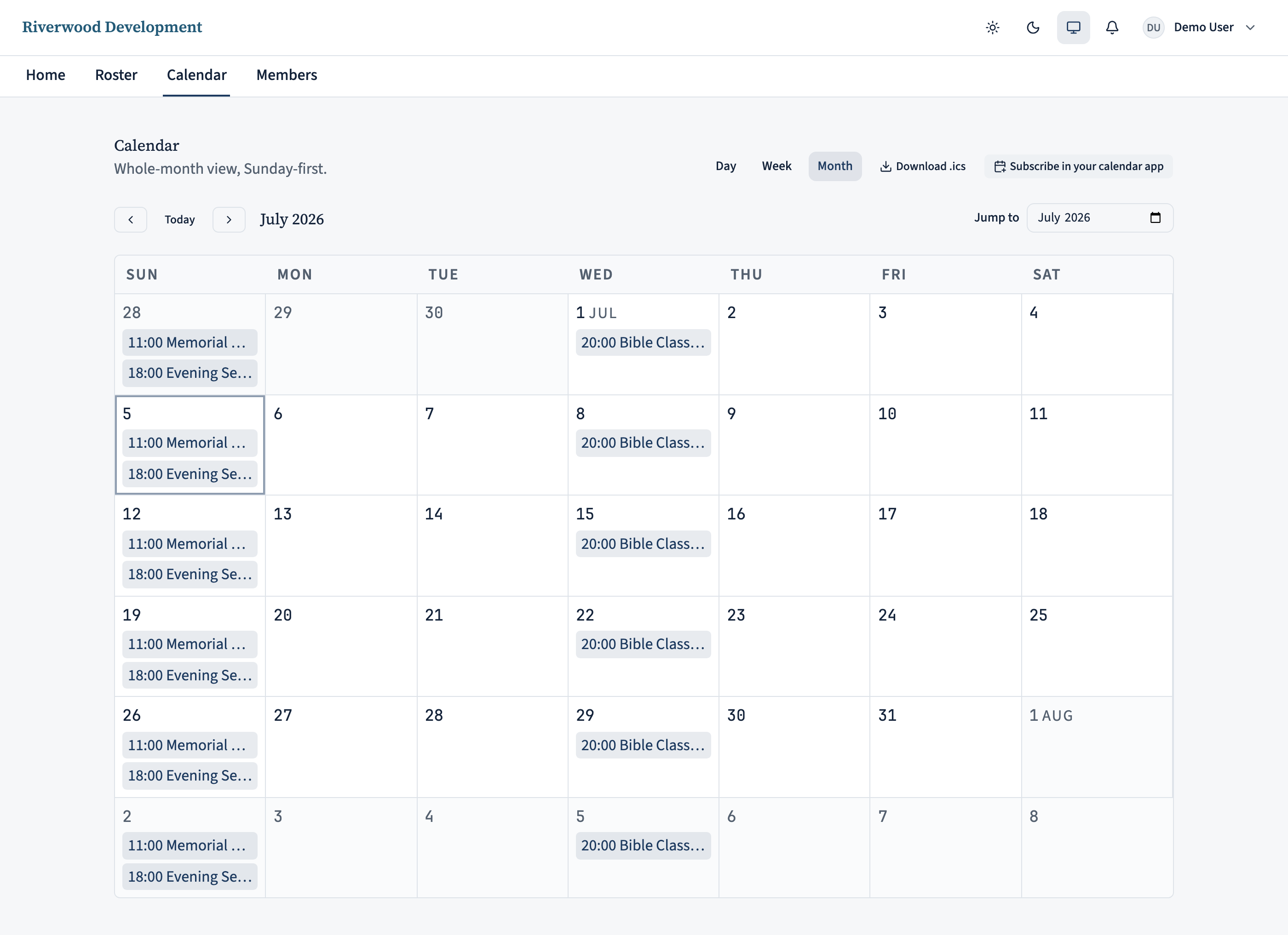 The Calendar page after an accepted swap. The role chip on the affected occurrence now shows the counterparty's name; the actor's own upcoming list on the home page drops the slot they gave away.