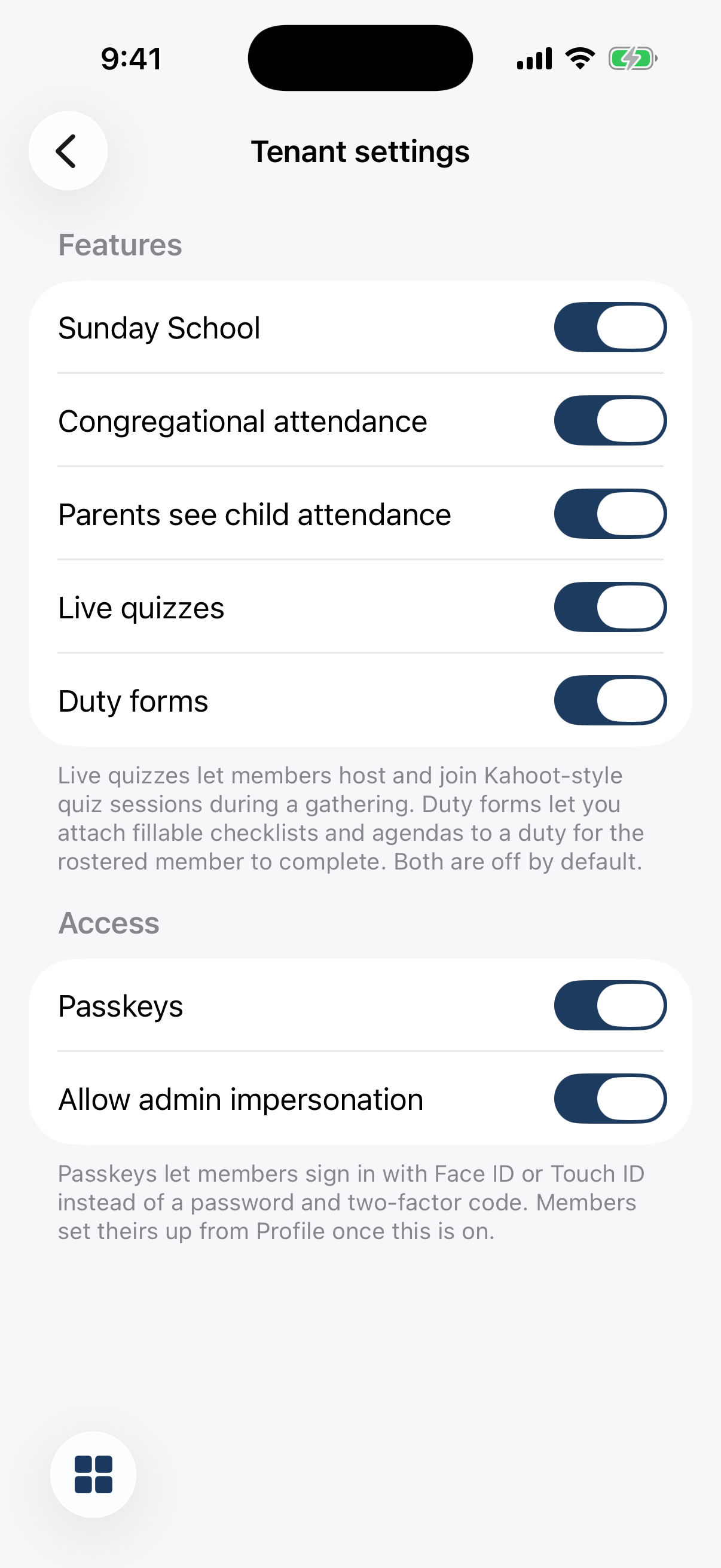 Manage → Tenant settings: Features and Access toggle groups.