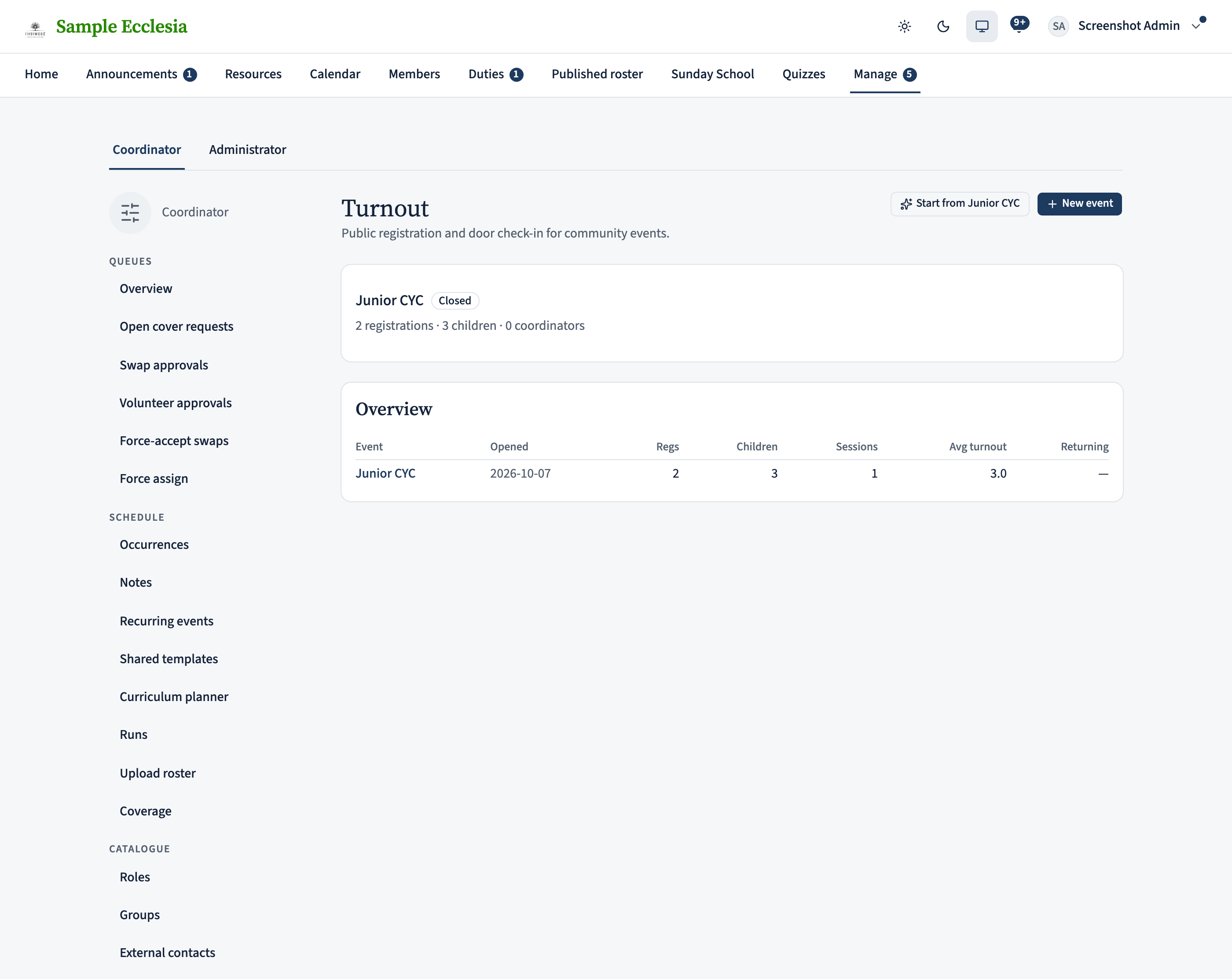 The Turnout landing page: a list of events with their status and counts, an Overview table, a 'New event' button and a 'Start from the Junior CYC templates' button.