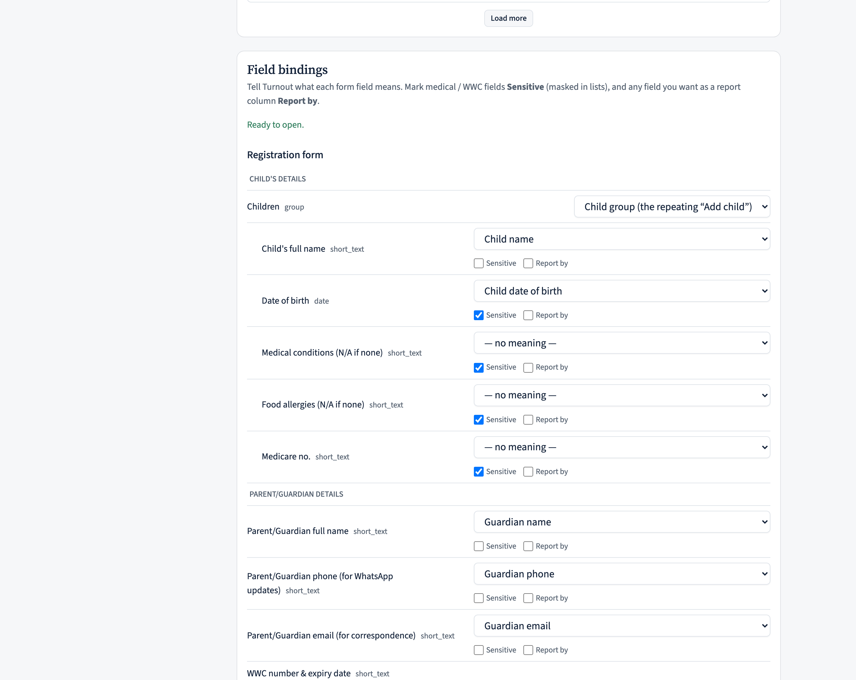 The Field bindings panel: each form item with a 'meaning' dropdown (child name, guardian phone, safety-check number, …), Sensitive and Report-by checkboxes, and a readiness checklist.