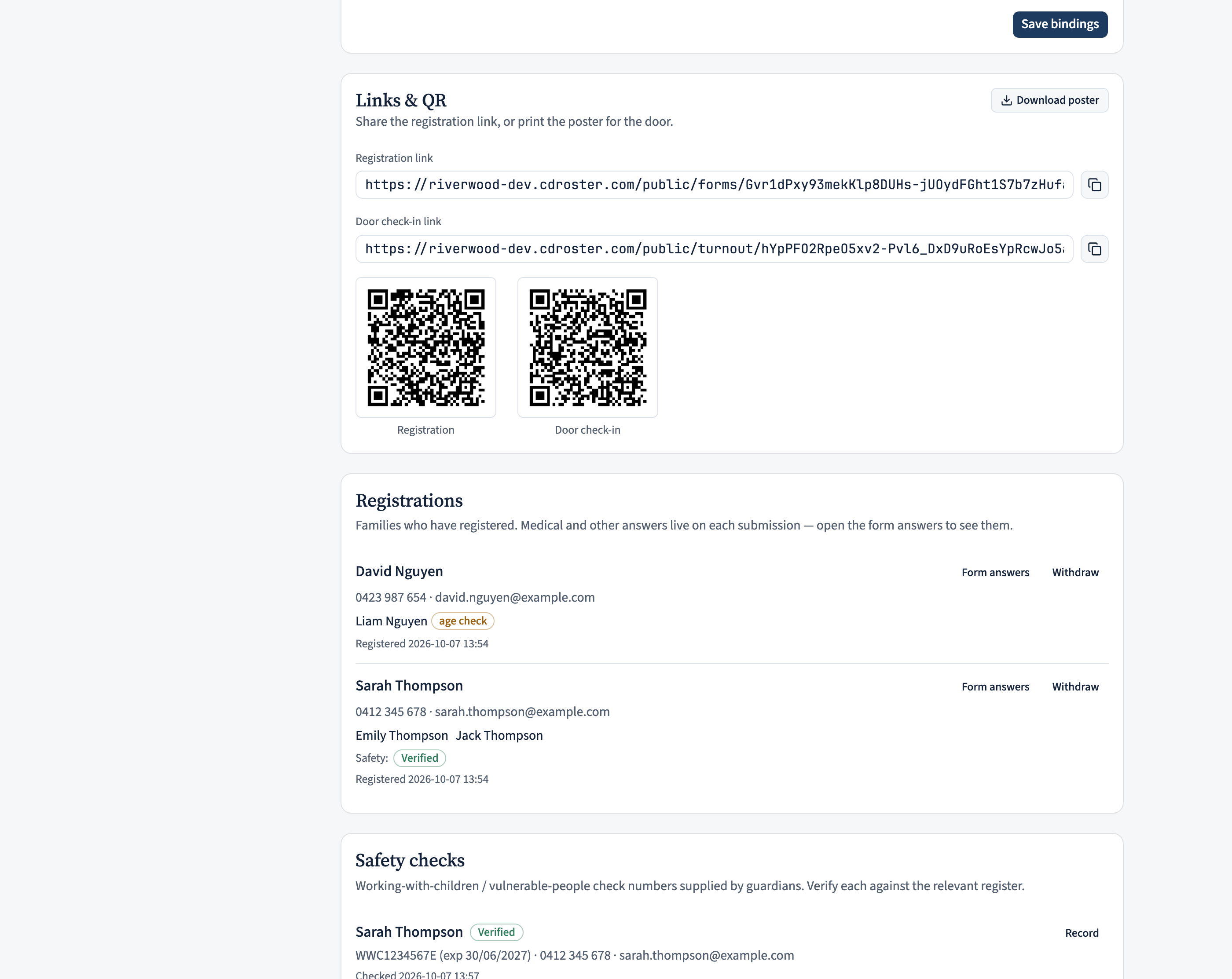 The Links & QR panel: a copyable public registration link and door check-in link, two QR codes, and a 'Download poster' button.