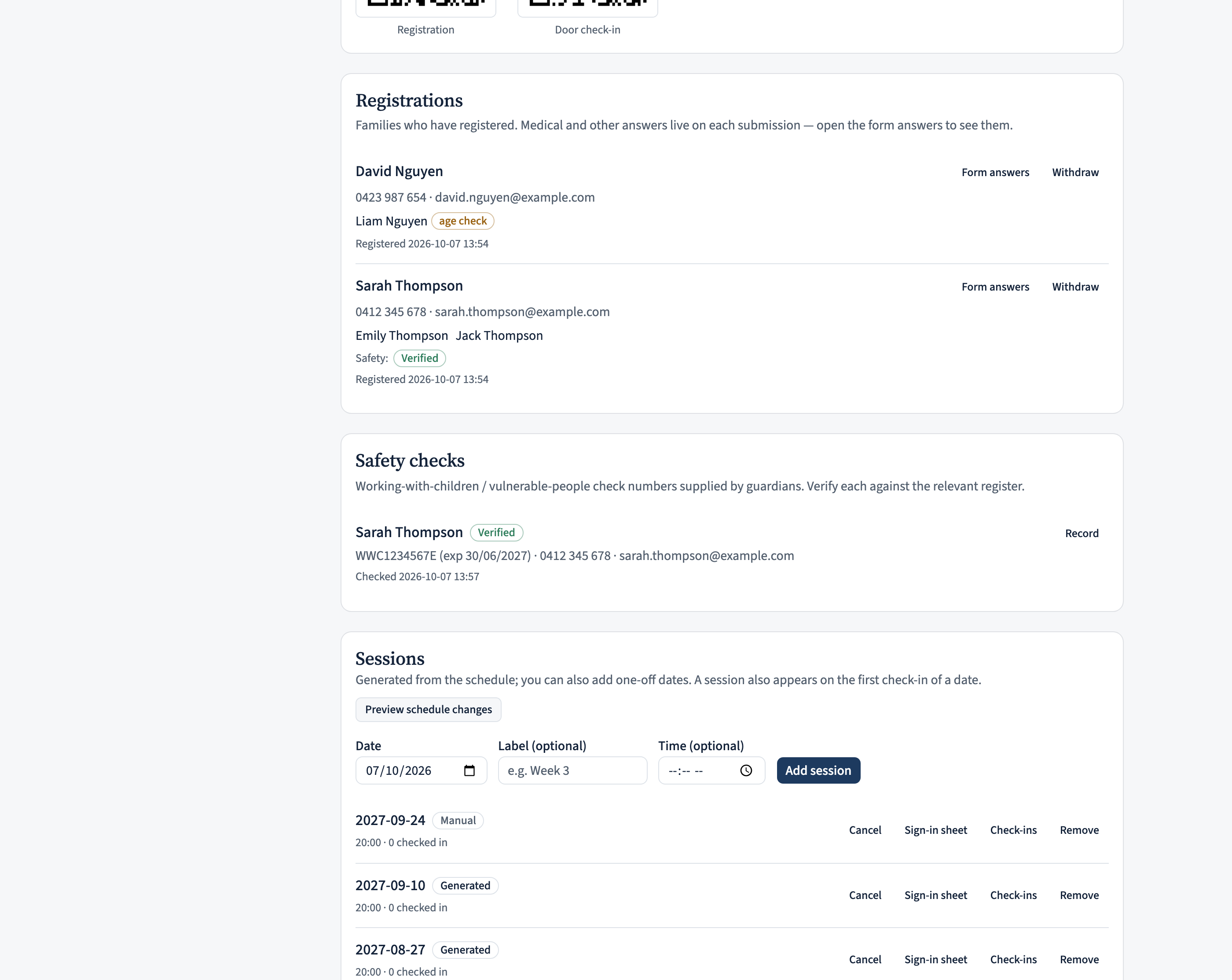 The Registrations list: each family with the guardian, their children (with age-flag chips), safety-check outcome chips, and a 'Form answers' link.