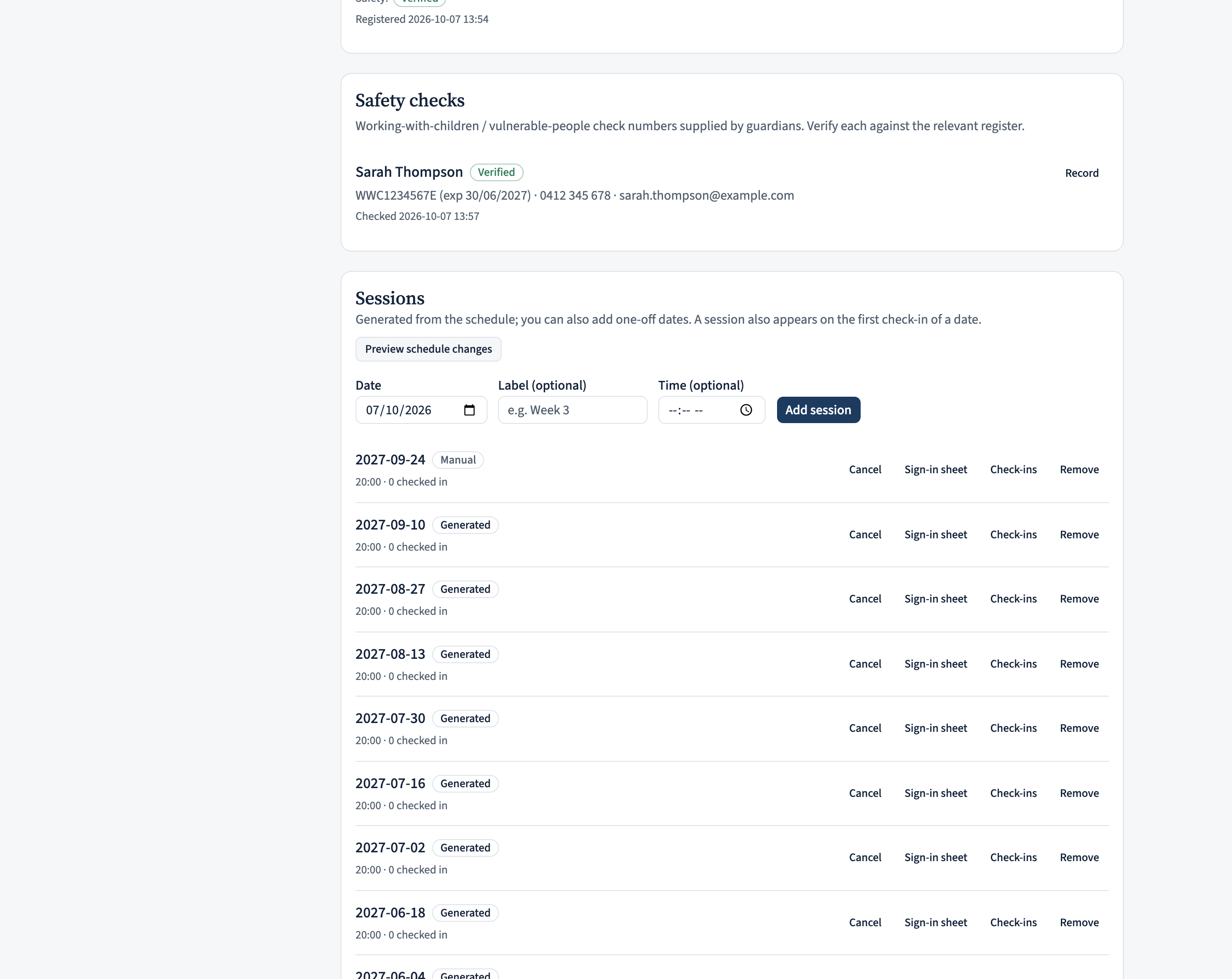 The Safety checks screen: each guardian's entered number and expiry, an 'on register' match line, and a 'Mark verified from register' button, plus outcome and expiry badges.