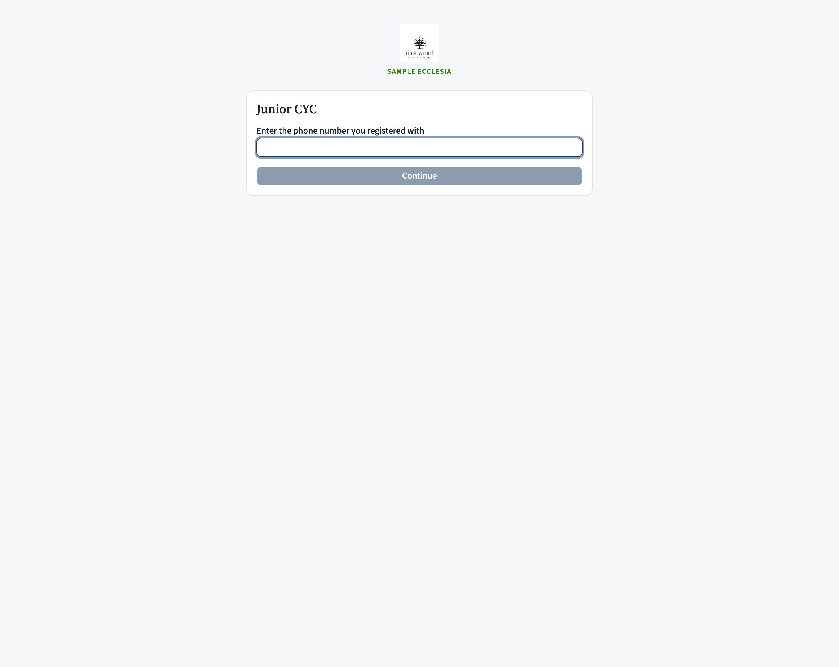 The public door check-in page on a phone: the event name, a phone-number field, and a 'Continue' button.