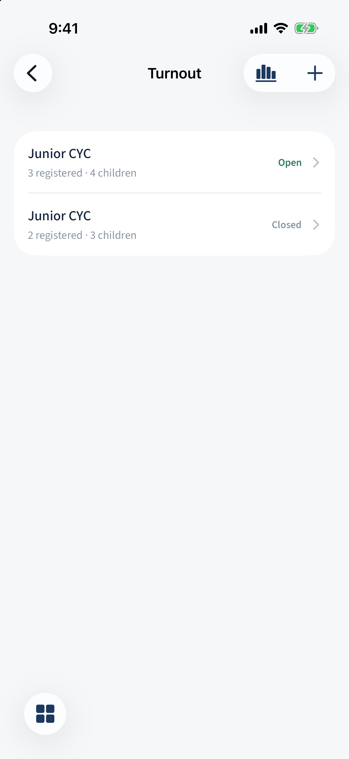 The Turnout events list — open events first, then closed, with registration counts and an overview button.