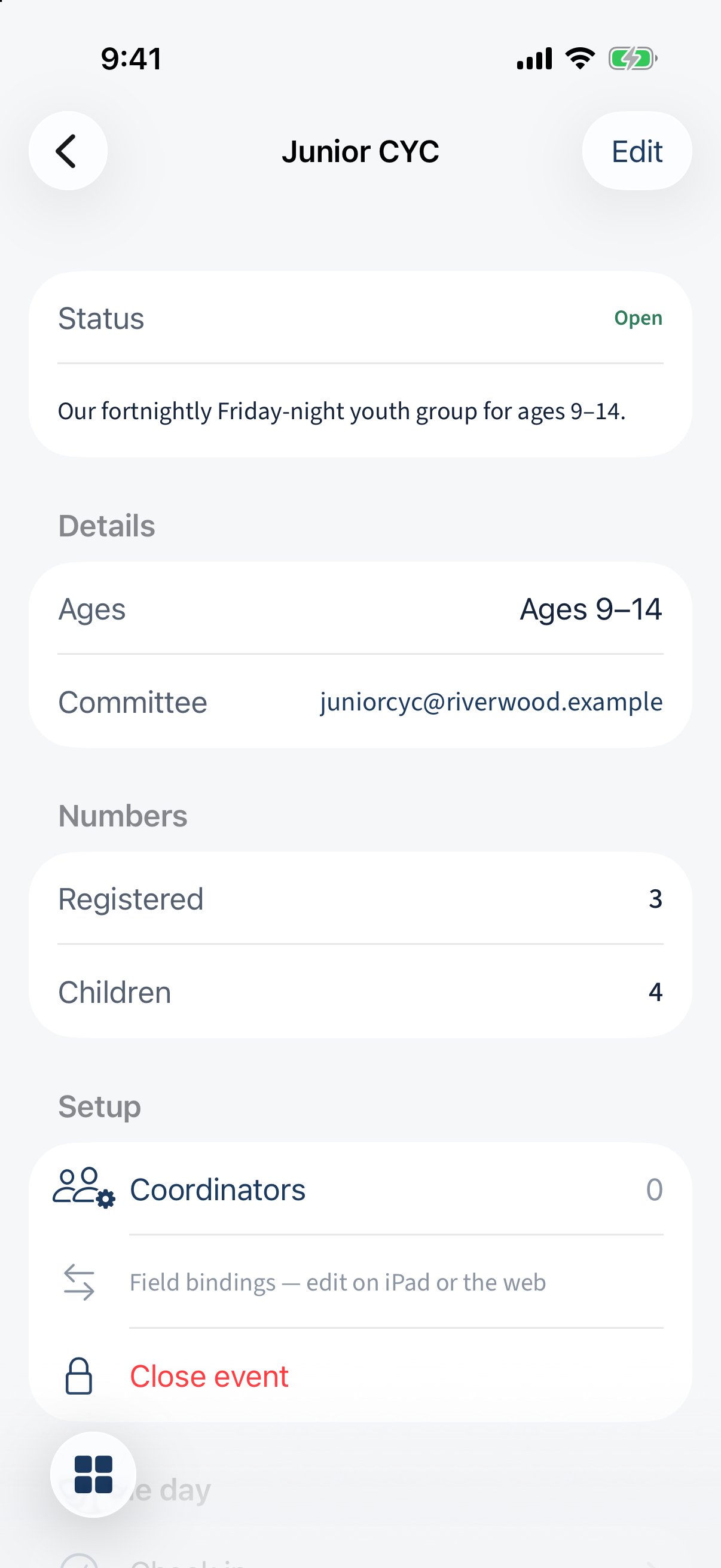 An event: status, age range, committee email, Registered/Children counts, and a Setup section.