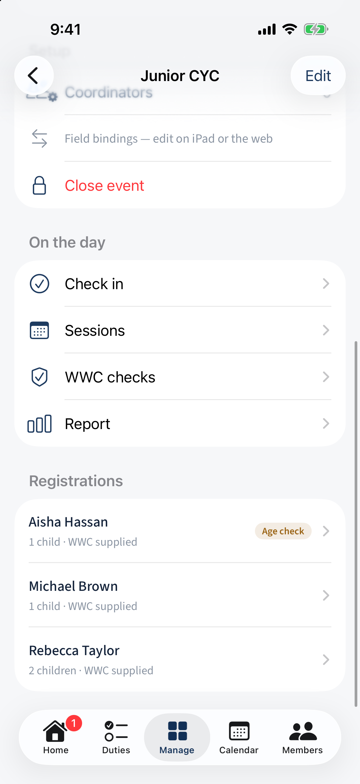 The On the day actions and the registrations list, with an "Age check" badge on one family.