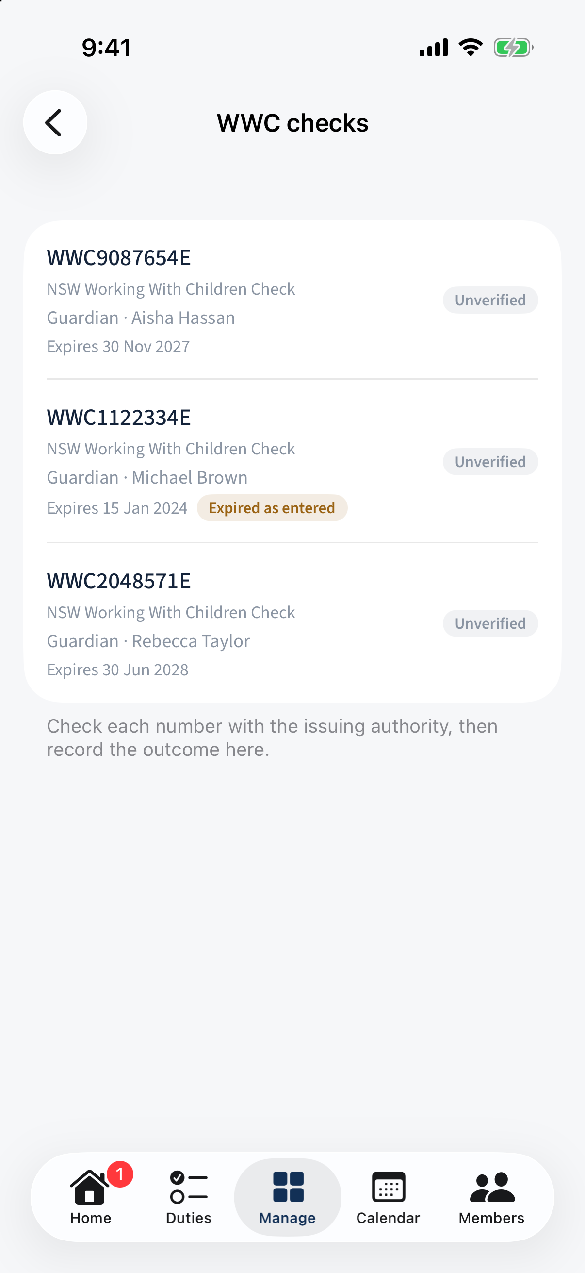 The WWC / safety checks screen — each row with the number, scheme label, guardian and expiry, with an "Expired as entered" badge.