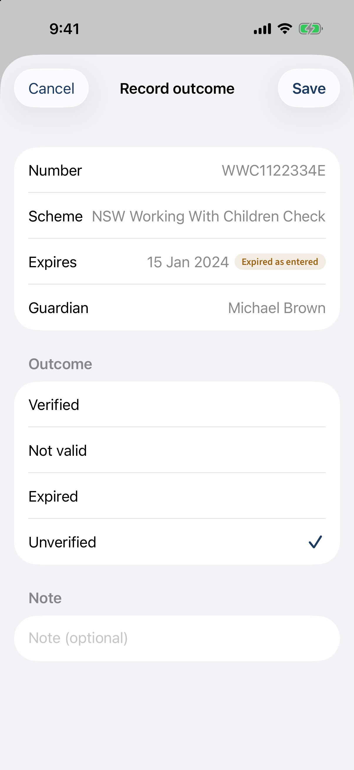 The Record outcome sheet for one check — scheme, expiry, and Verified / Not valid / Expired options.