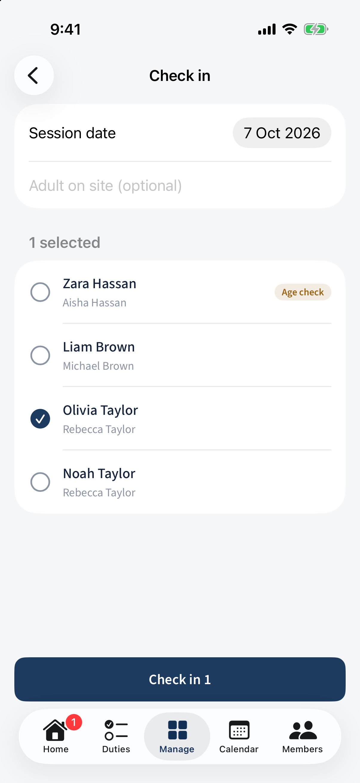 The Check in screen — tap each child to tick them present, with a running "Check in 1" count.
